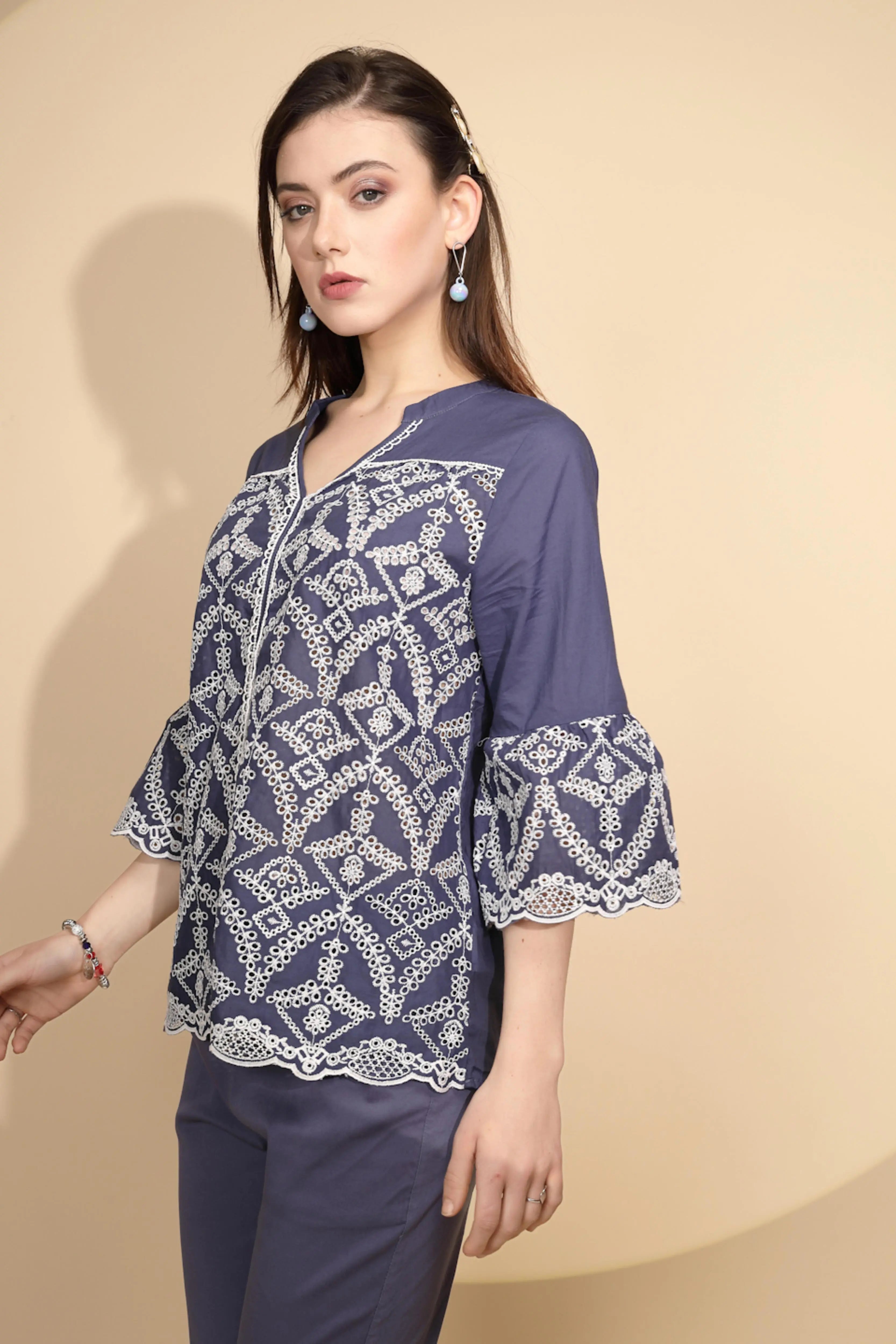 Navy Embroidered Cotton Top - Global Republic