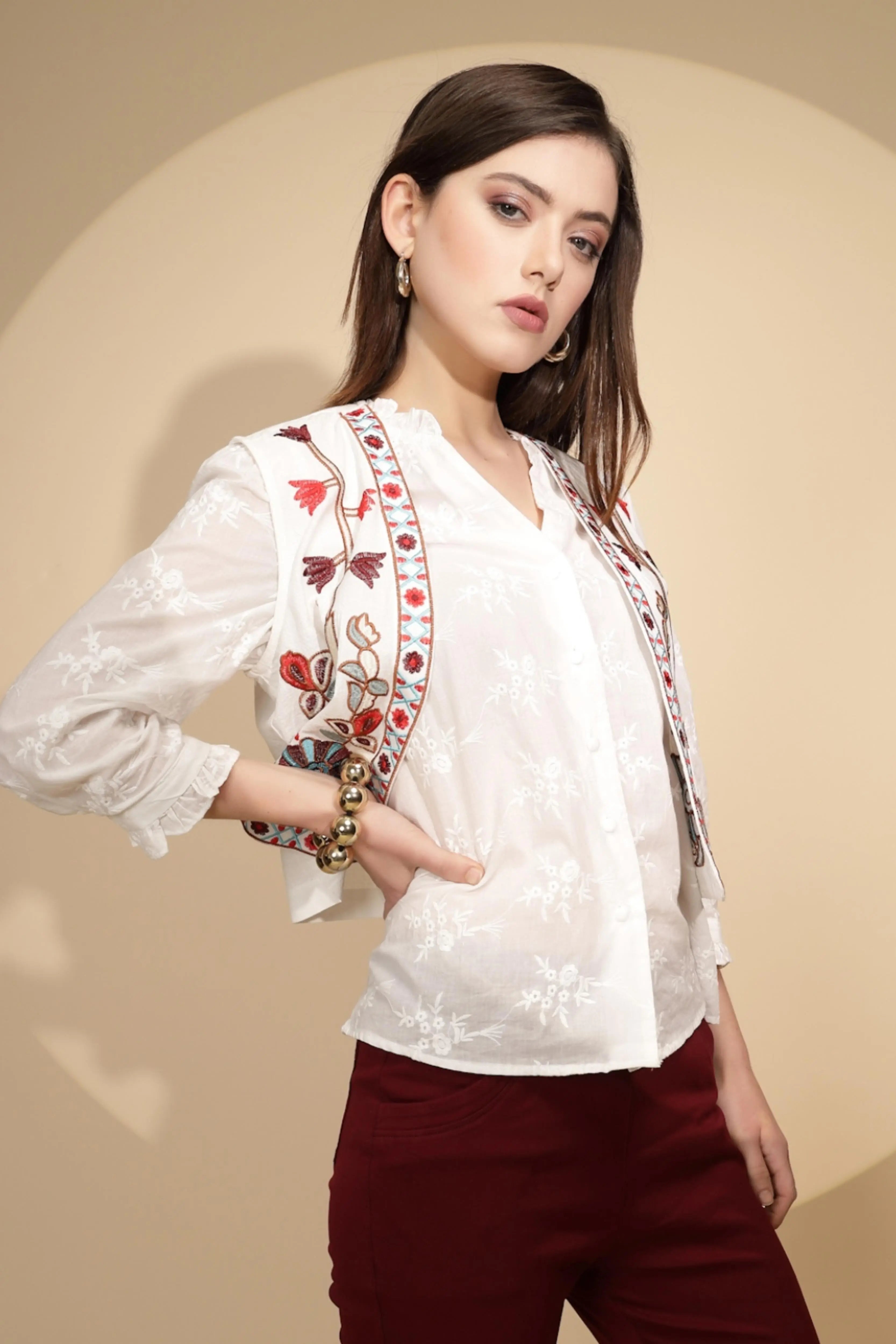 White Cotton Tailored Fit Waist Coat - Global Republic