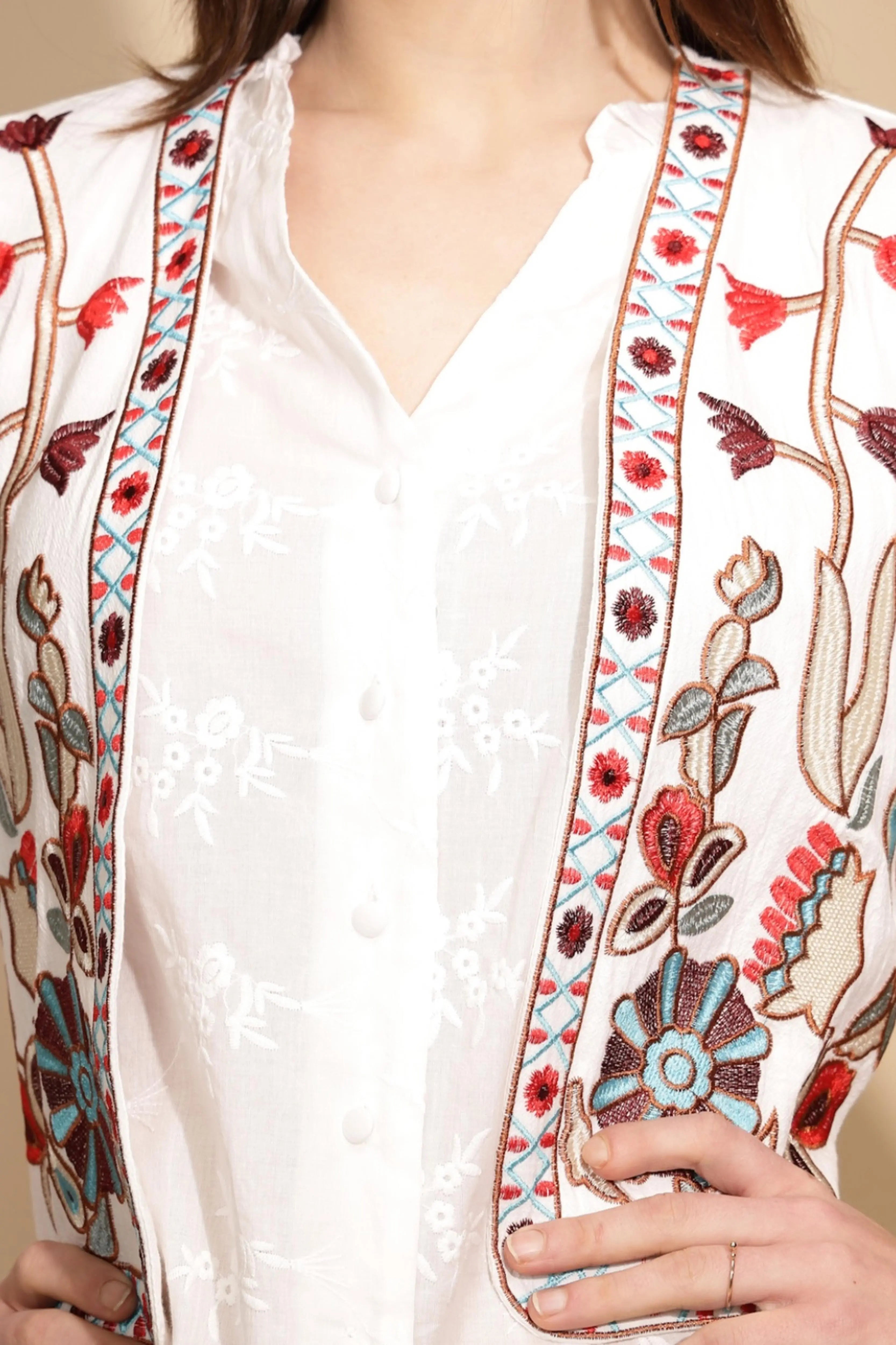 White Cotton Tailored Fit Waist Coat - Global Republic