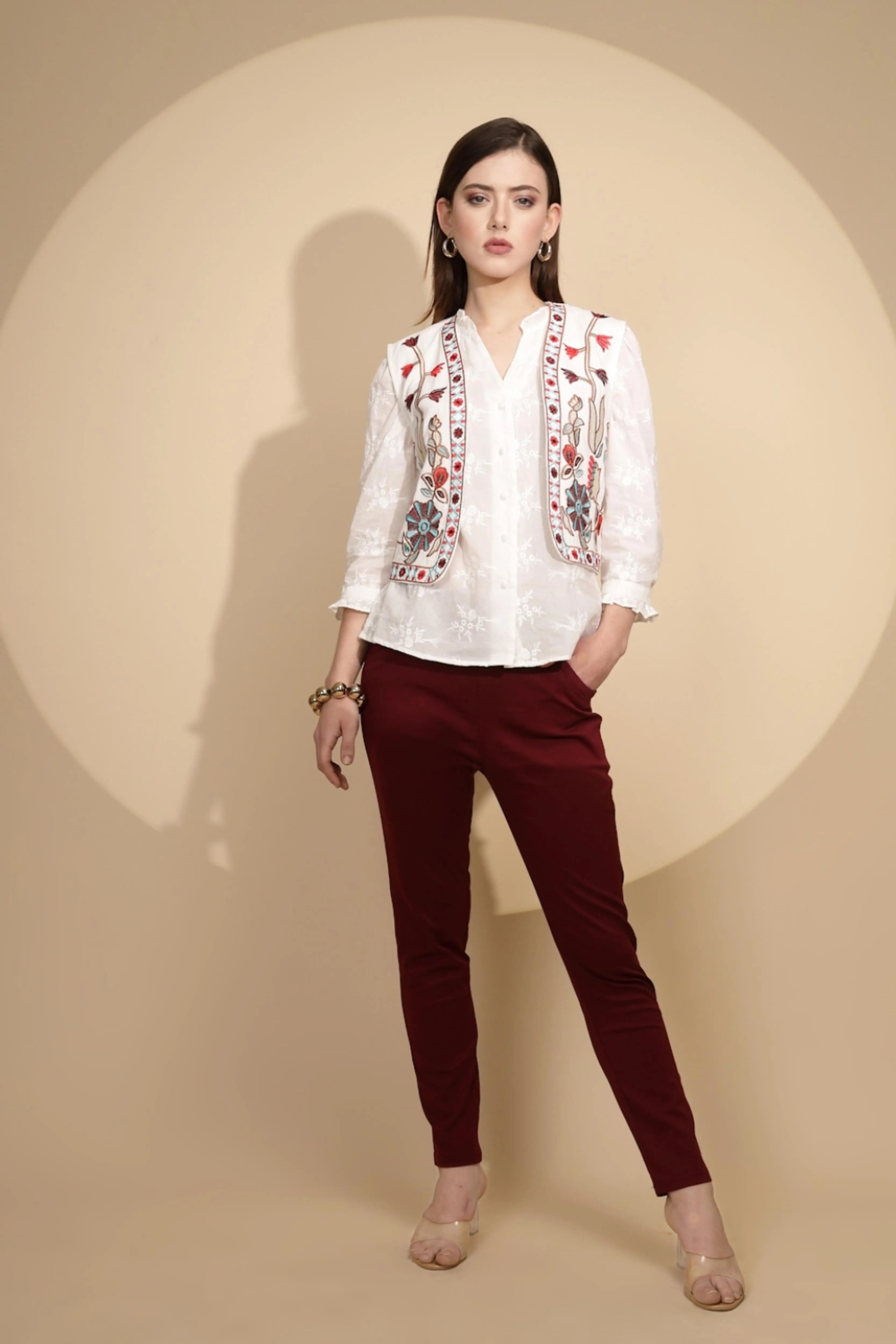 White Cotton Tailored Fit Waist Coat - Global Republic