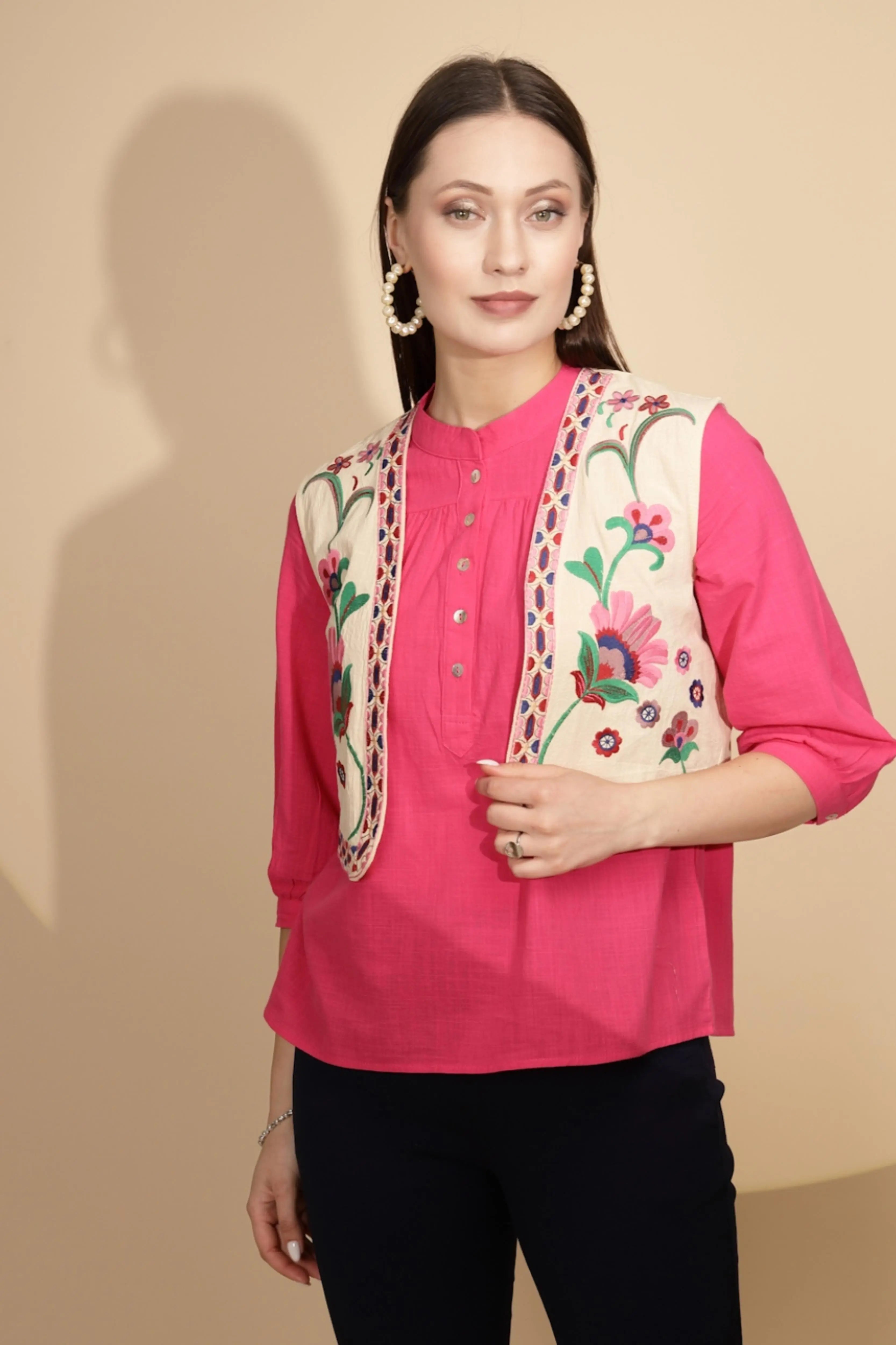 Beige Cotton Tailored Fit Waist Coat For Women - Global Republic