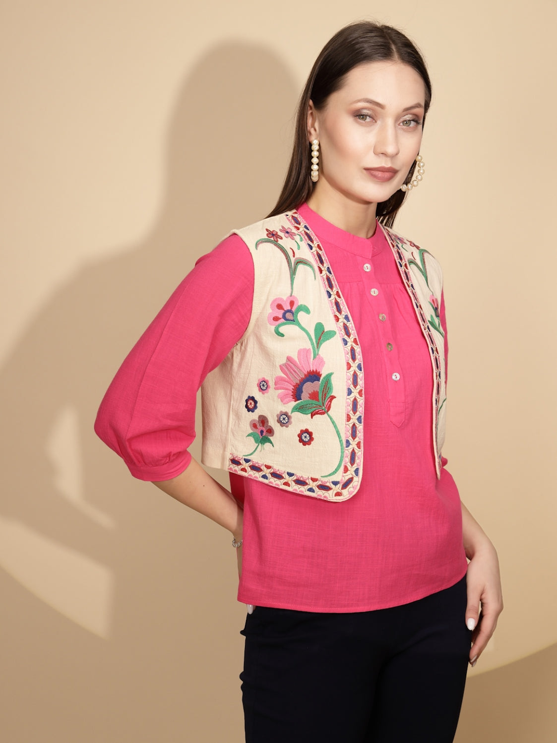 Beige Cotton Tailored Fit Waist Coat For Women - Global Republic