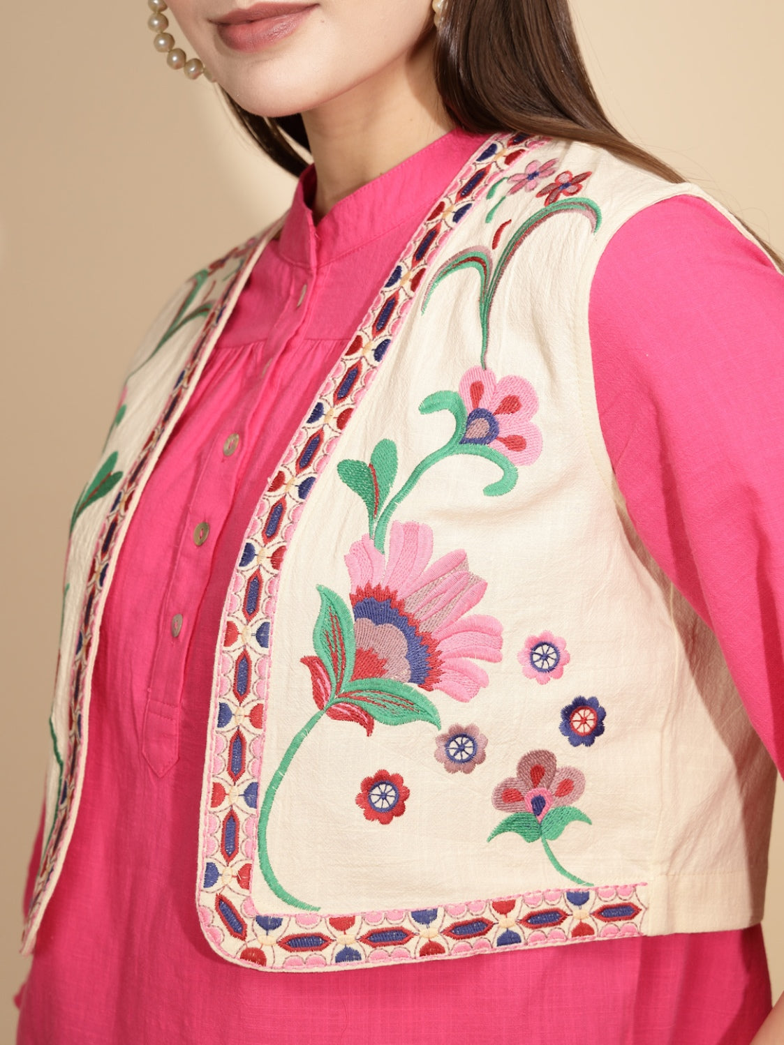 Beige Cotton Tailored Fit Waist Coat For Women - Global Republic