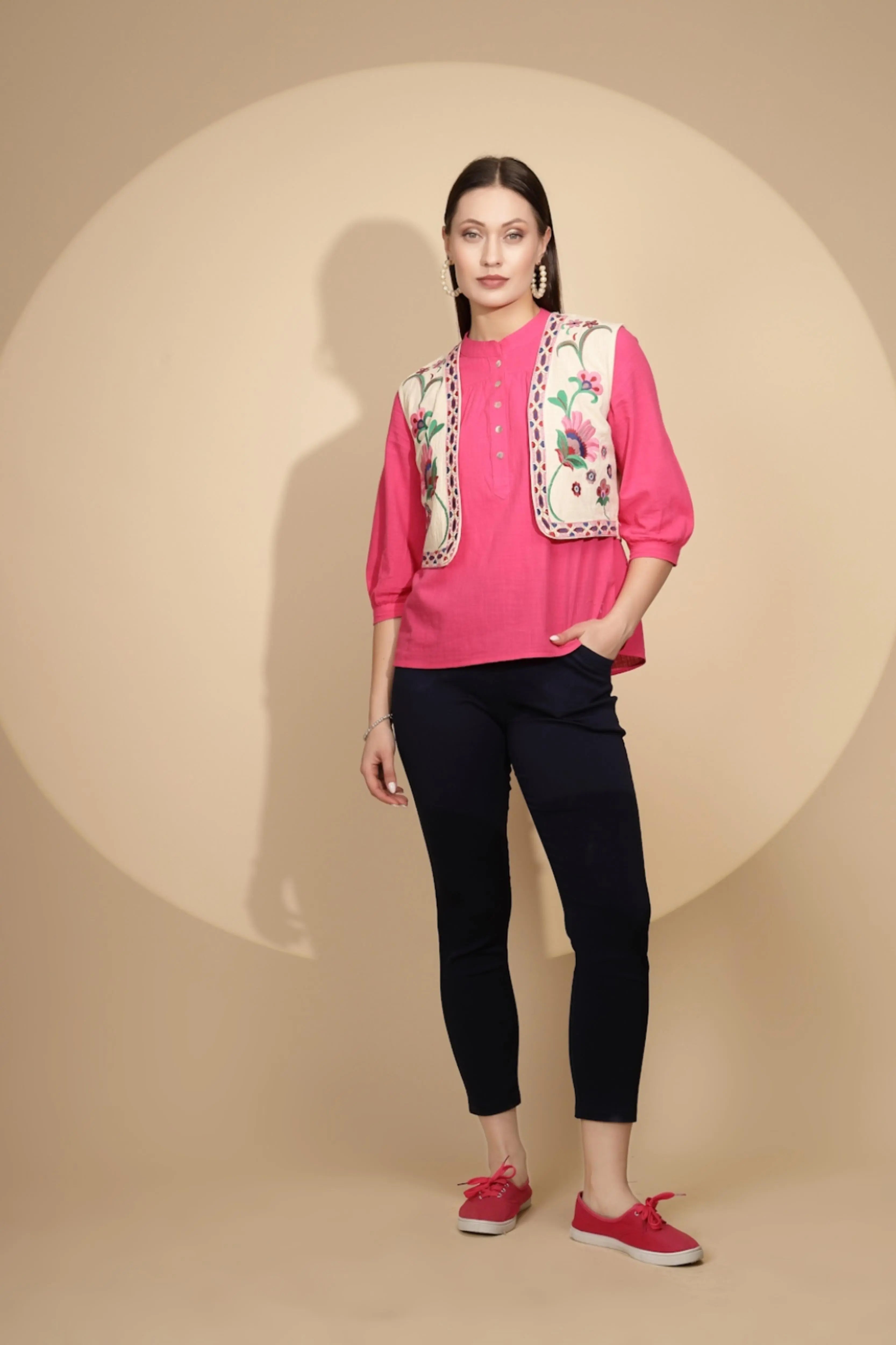 Beige Cotton Tailored Fit Waist Coat For Women - Global Republic