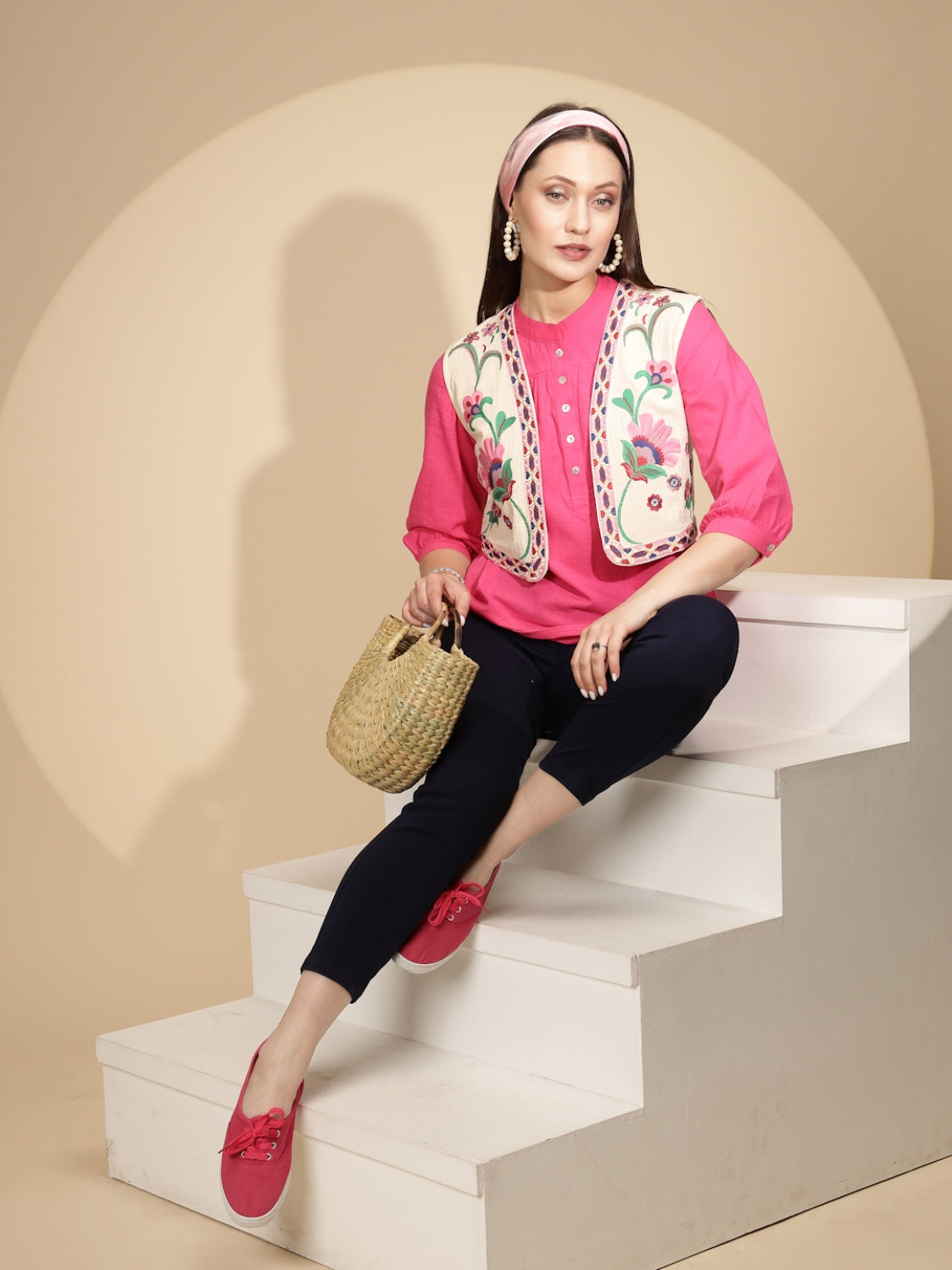 Beige Cotton Tailored Fit Waist Coat For Women - Global Republic