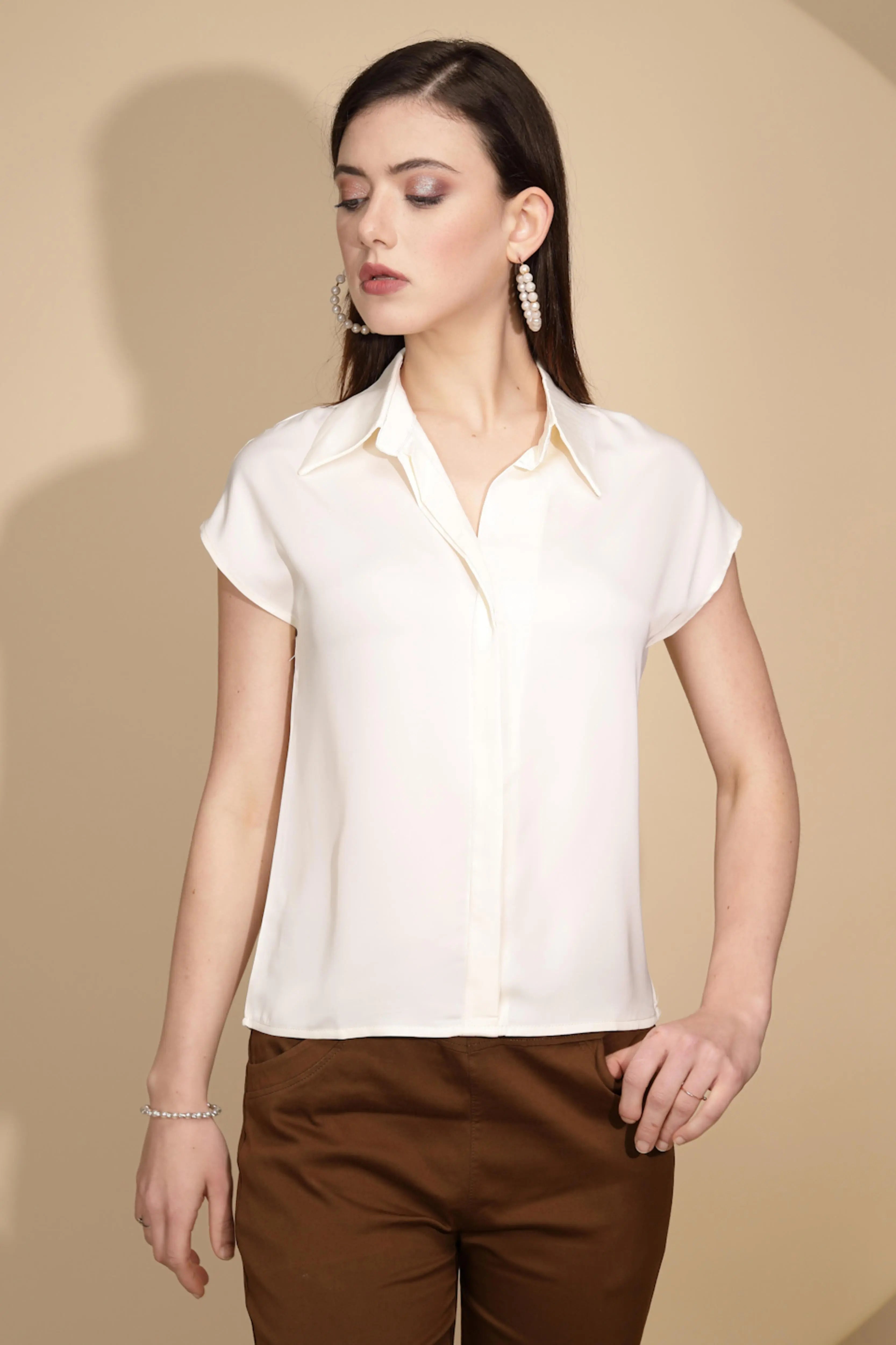 Cream Satin Loose Fit Formal Shirt - Global Republic