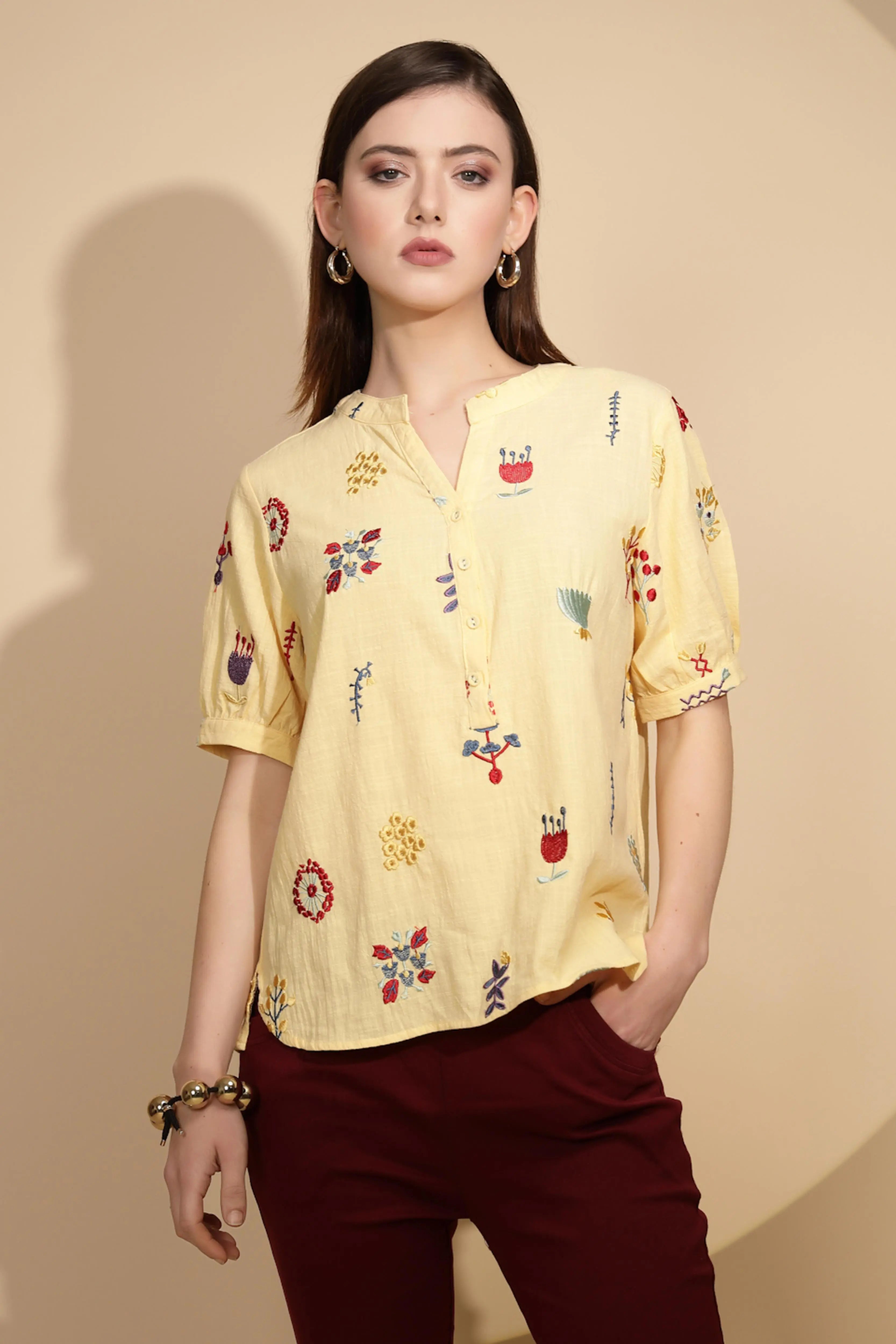 Yellow Embroidered Cotton Top - Global Republic