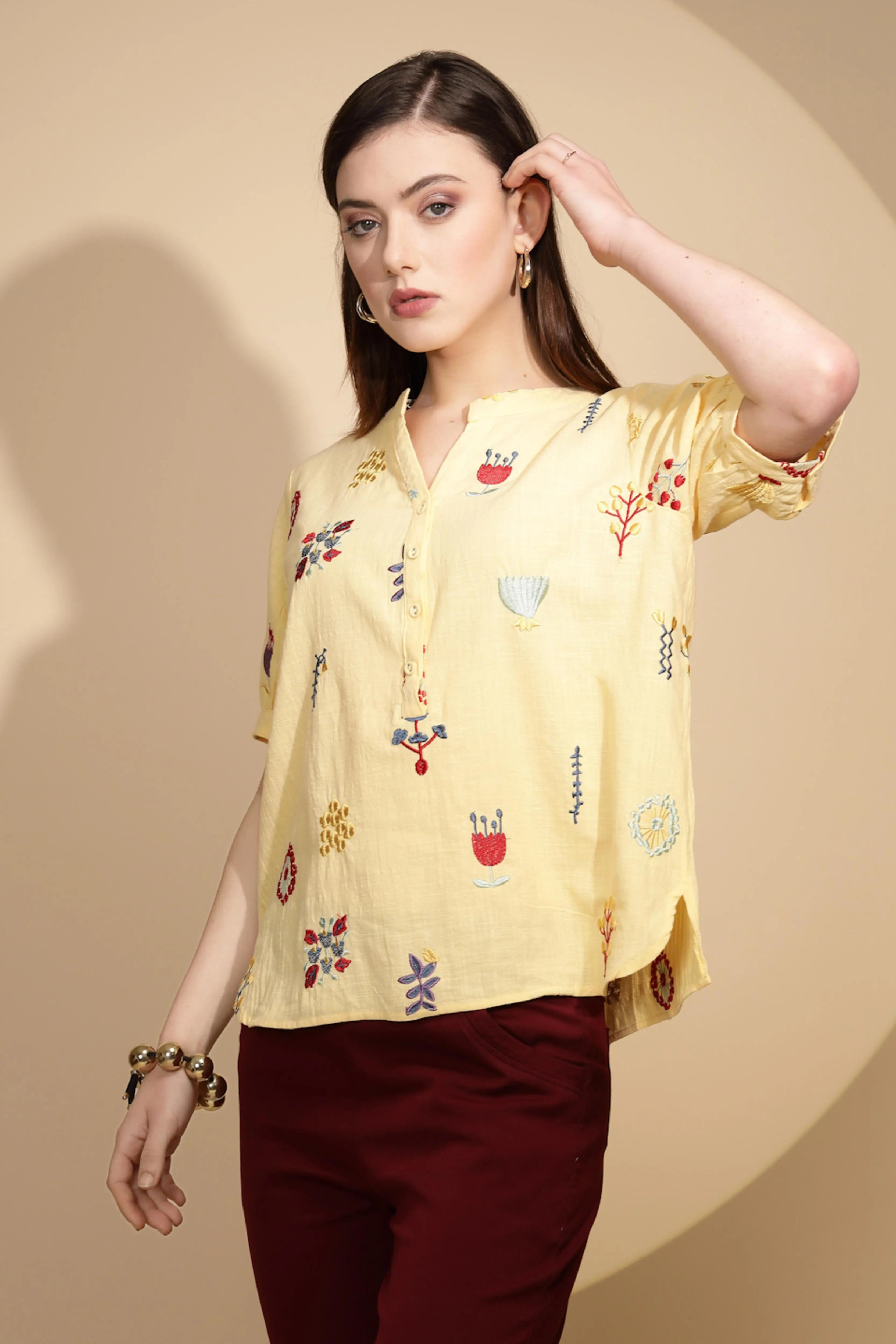 Yellow Embroidered Cotton Top - Global Republic