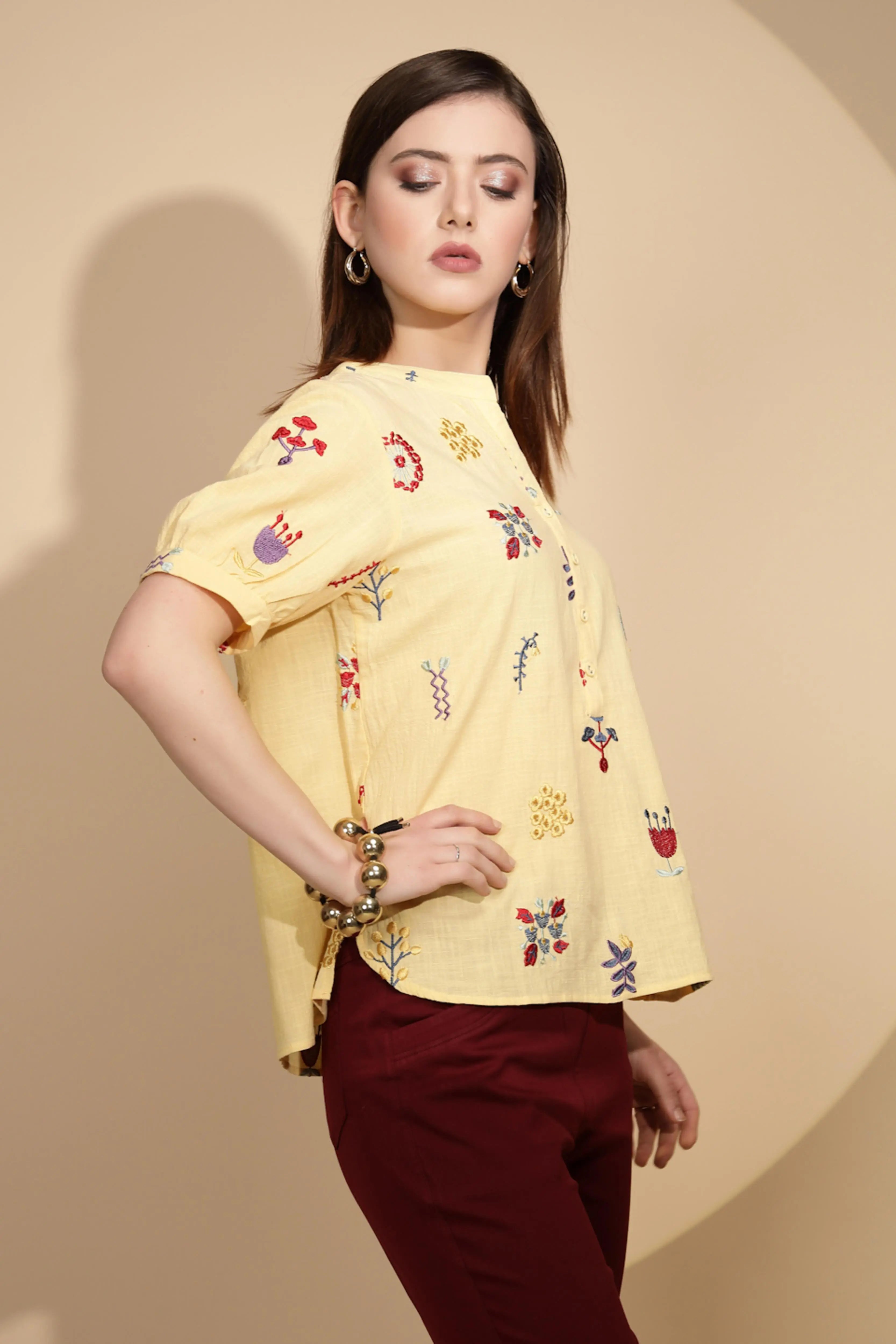 Yellow Embroidered Cotton Top - Global Republic