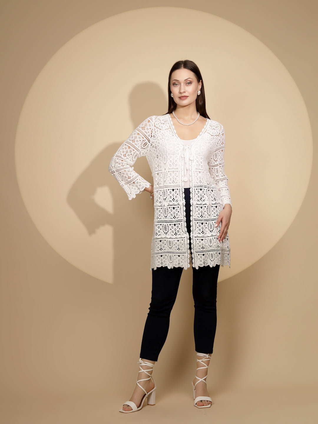 White Cotton Blend Long Shrug - Global Republic