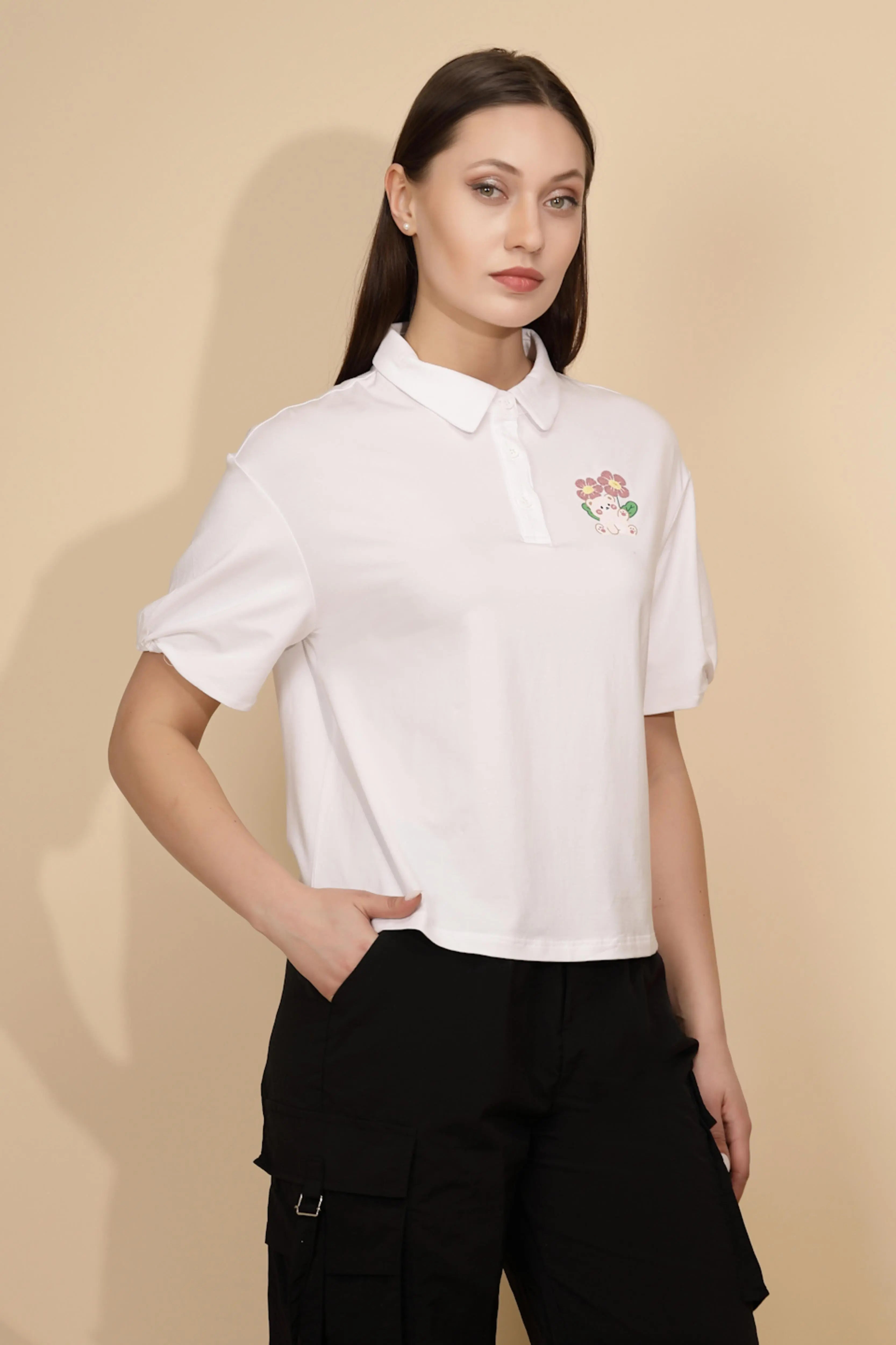 White Regular Fit Cotton Blend Top - Global Republic