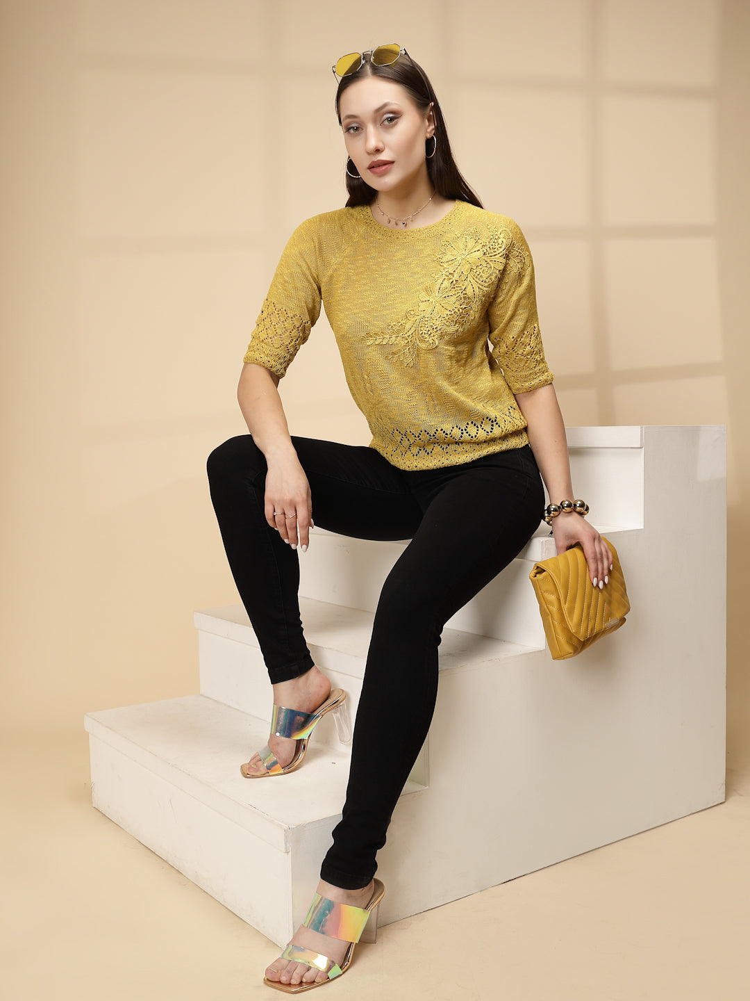 Yellow Rayon Regular Fit Top For Women - Global Republic