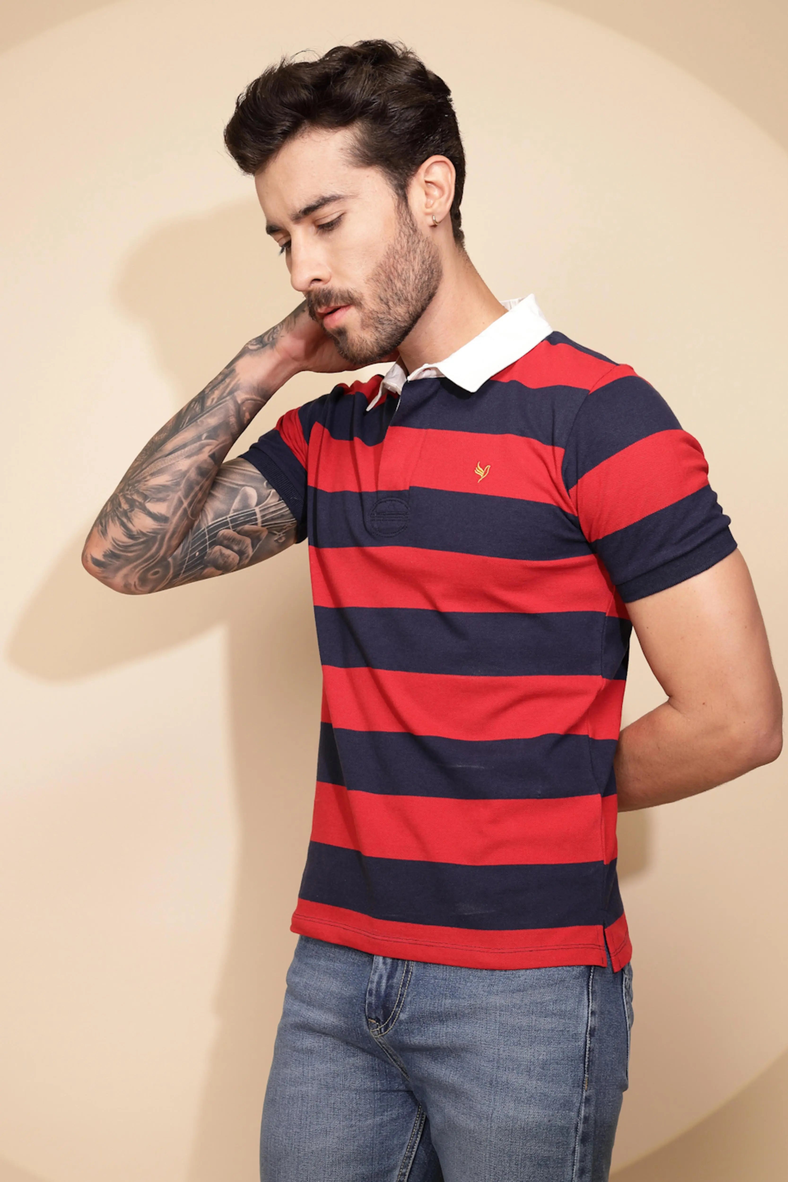 Red and Blue Stripe Cotton Blend Regular Fit T-Shirt For Men - Global Republic