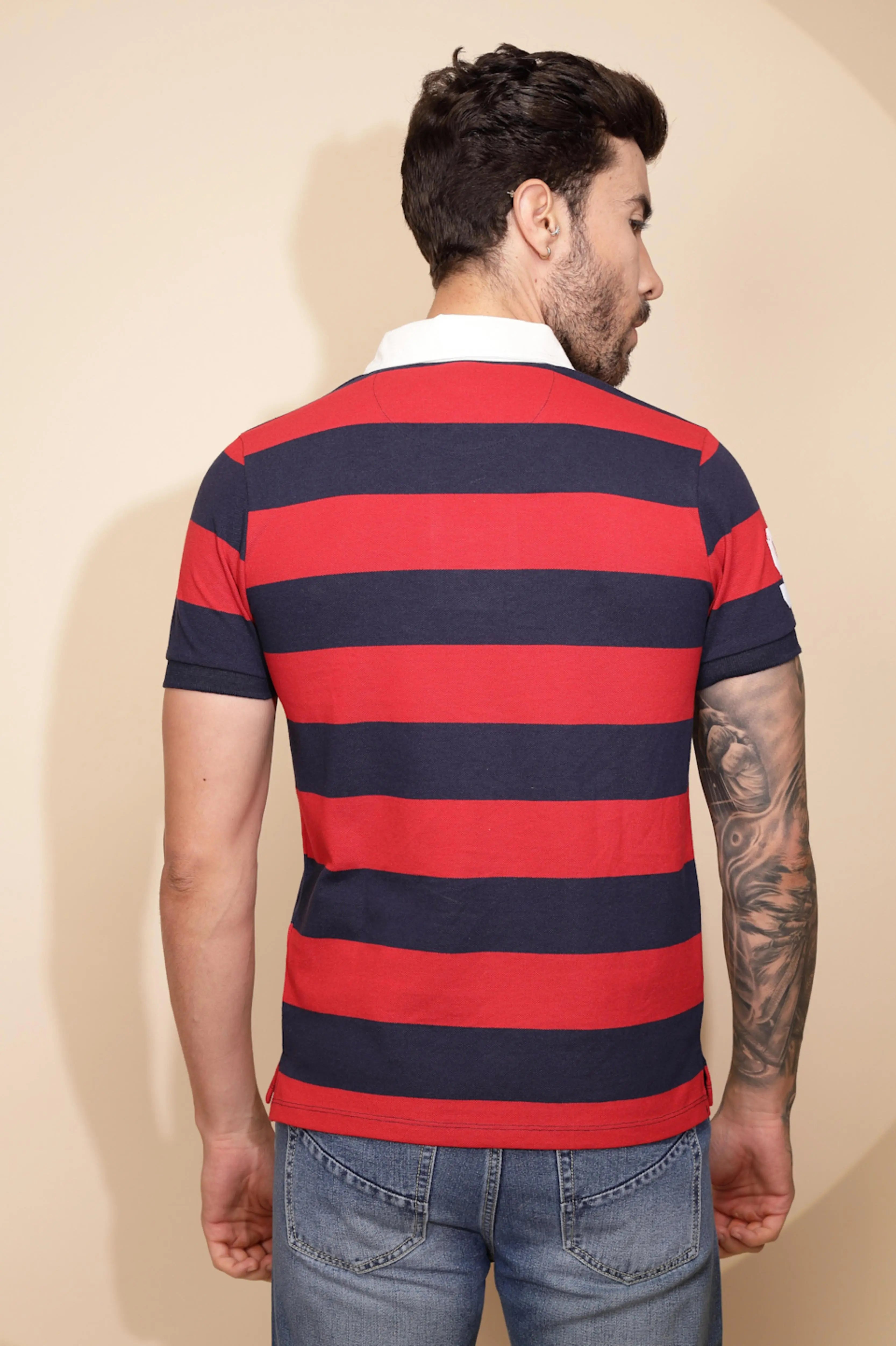 Red and Blue Stripe Cotton Blend Regular Fit T-Shirt For Men - Global Republic