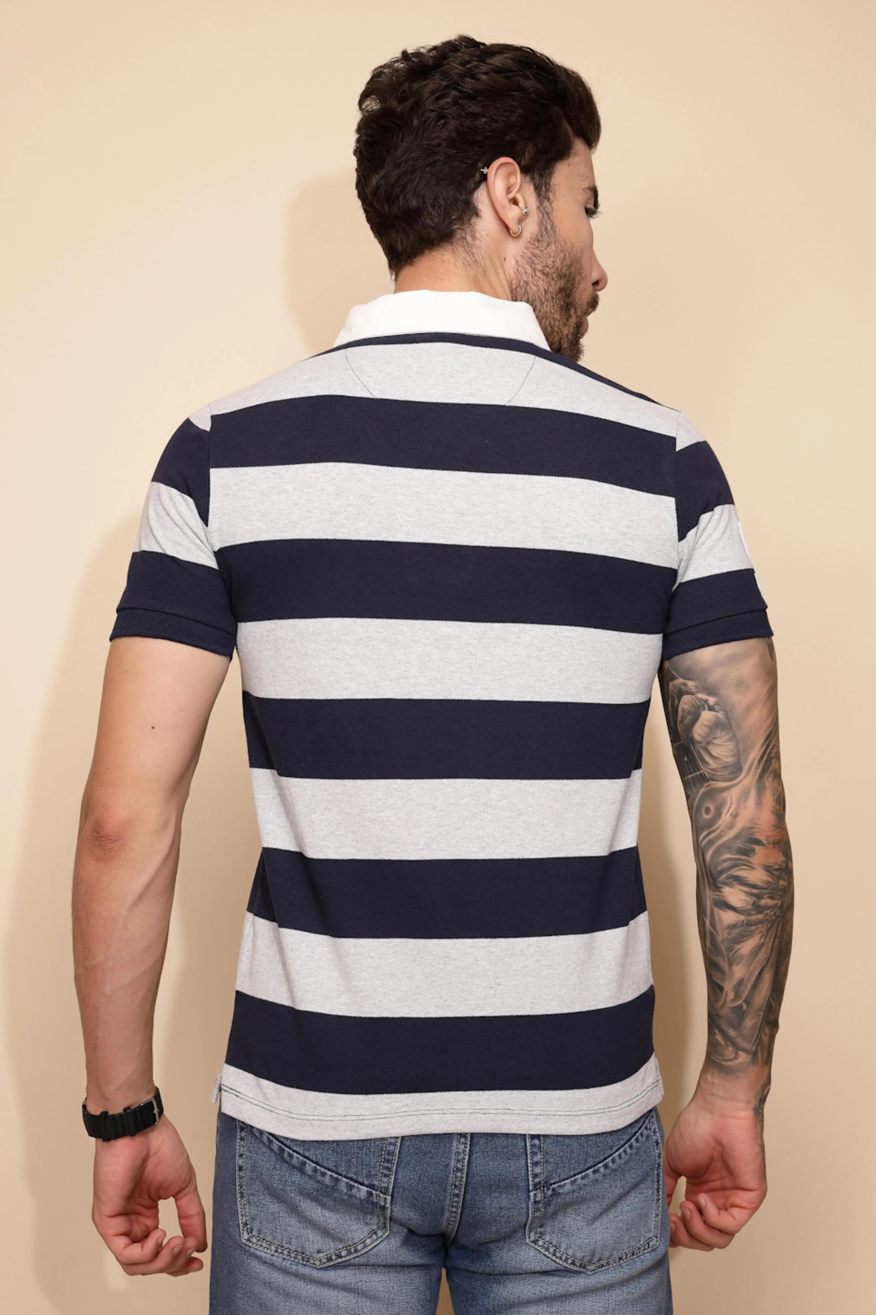 Grey and Blue Stripe Cotton Blend Regular Fit T-Shirt For Men - Global Republic