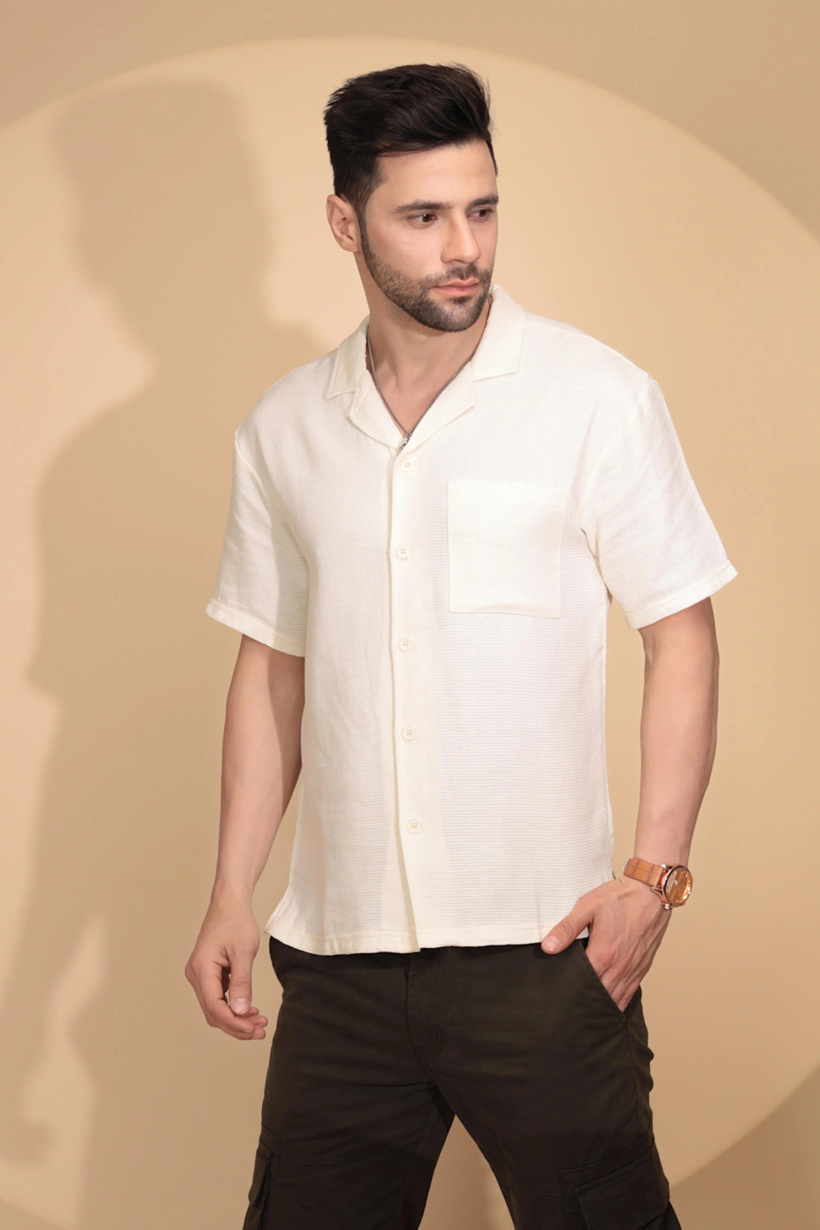 Cream Cotton Regular Fit Shirt For Mens - Global Republic