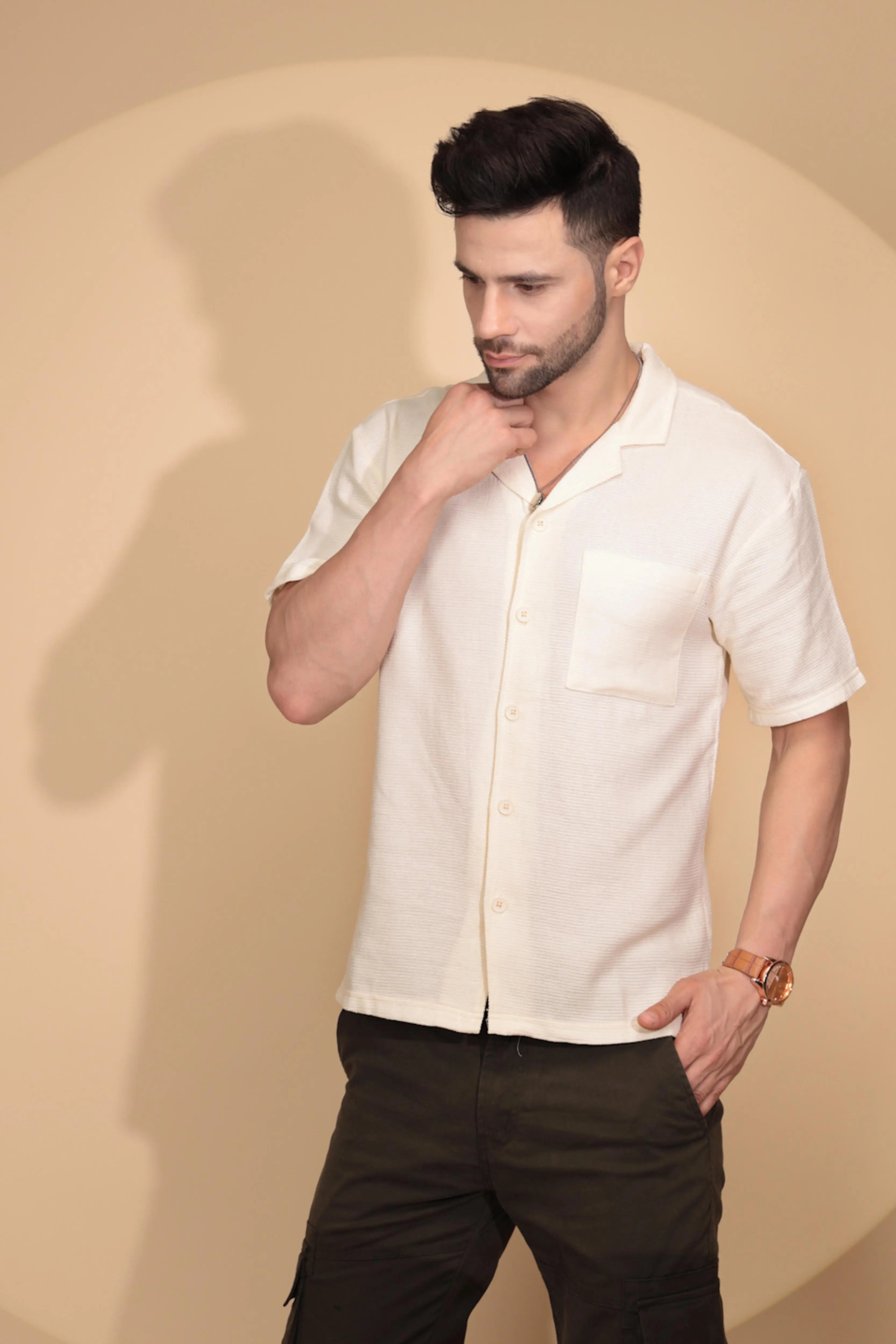 Cream Cotton Regular Fit Shirt For Mens - Global Republic