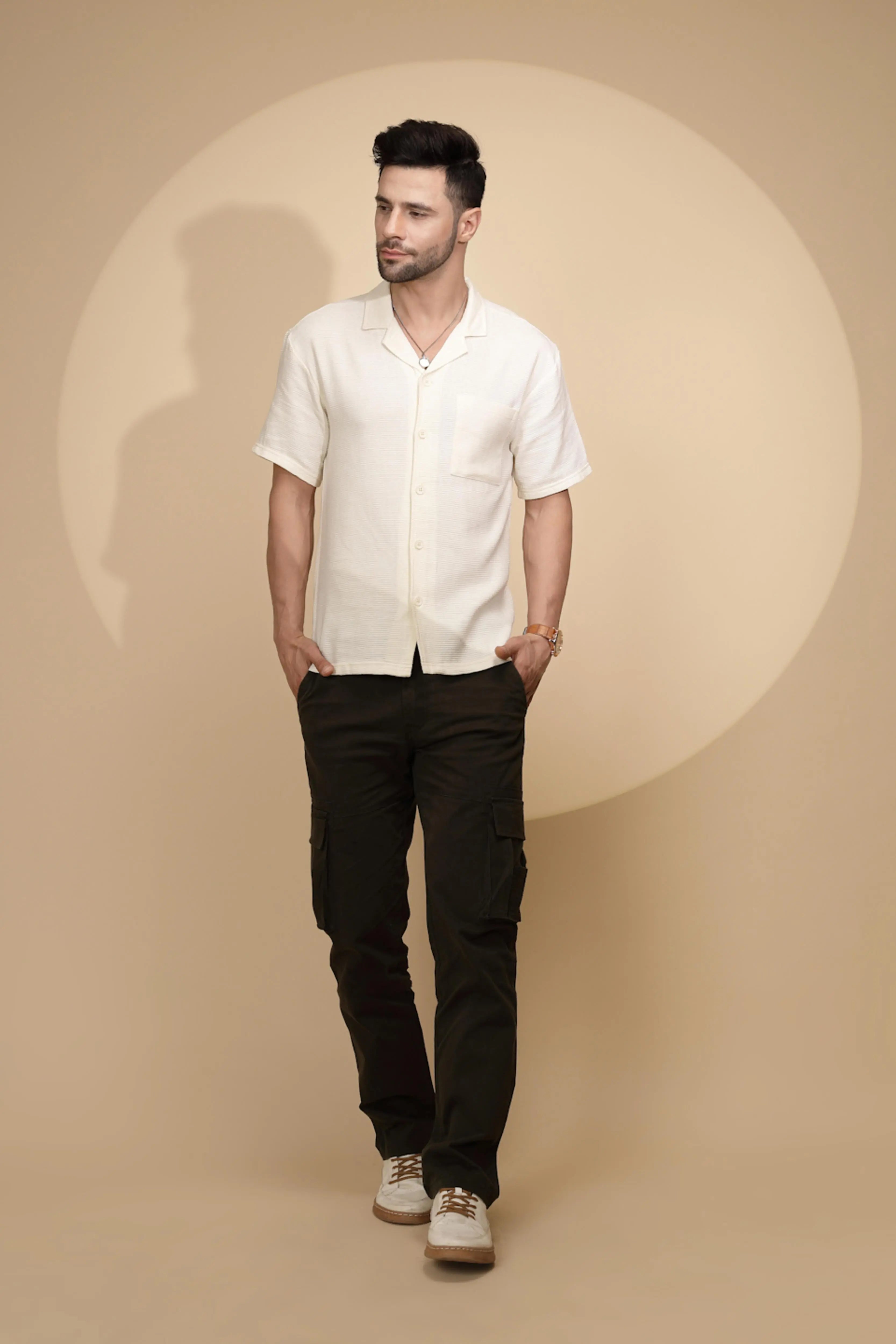 Cream Cotton Regular Fit Shirt For Mens - Global Republic