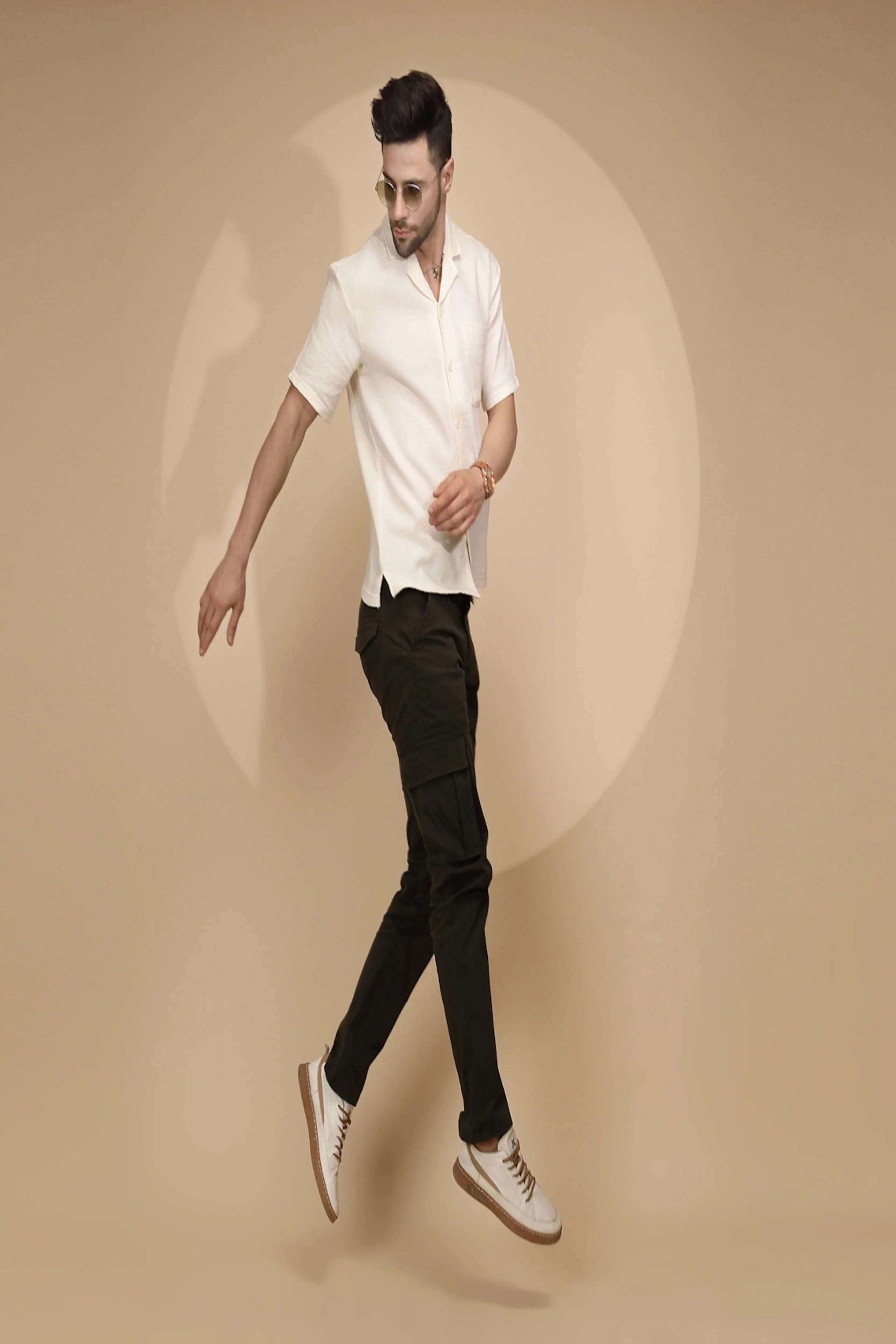 Cream Cotton Regular Fit Shirt For Mens - Global Republic