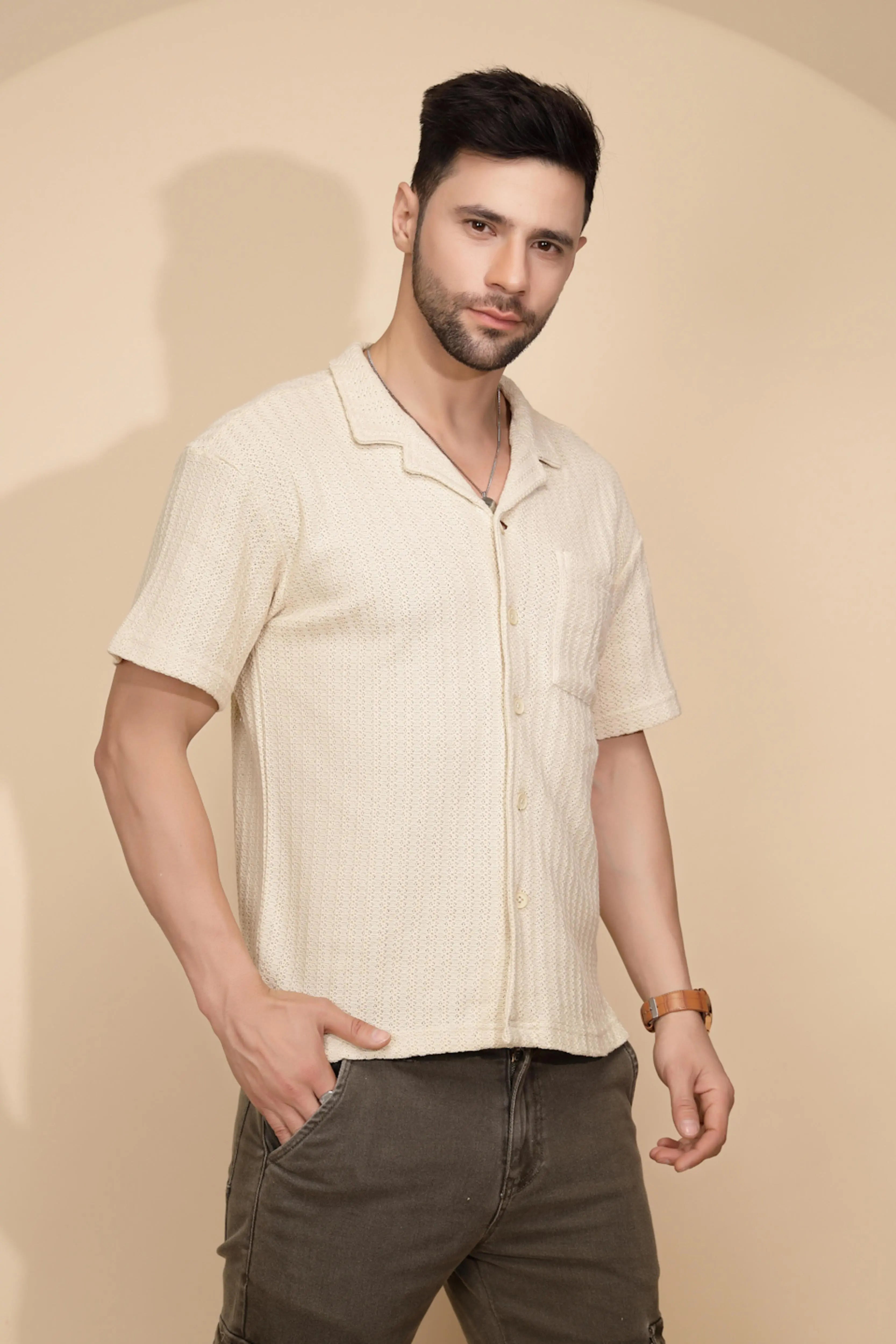 Beige cotton Regular Fit Shirt For Mens - Global Republic