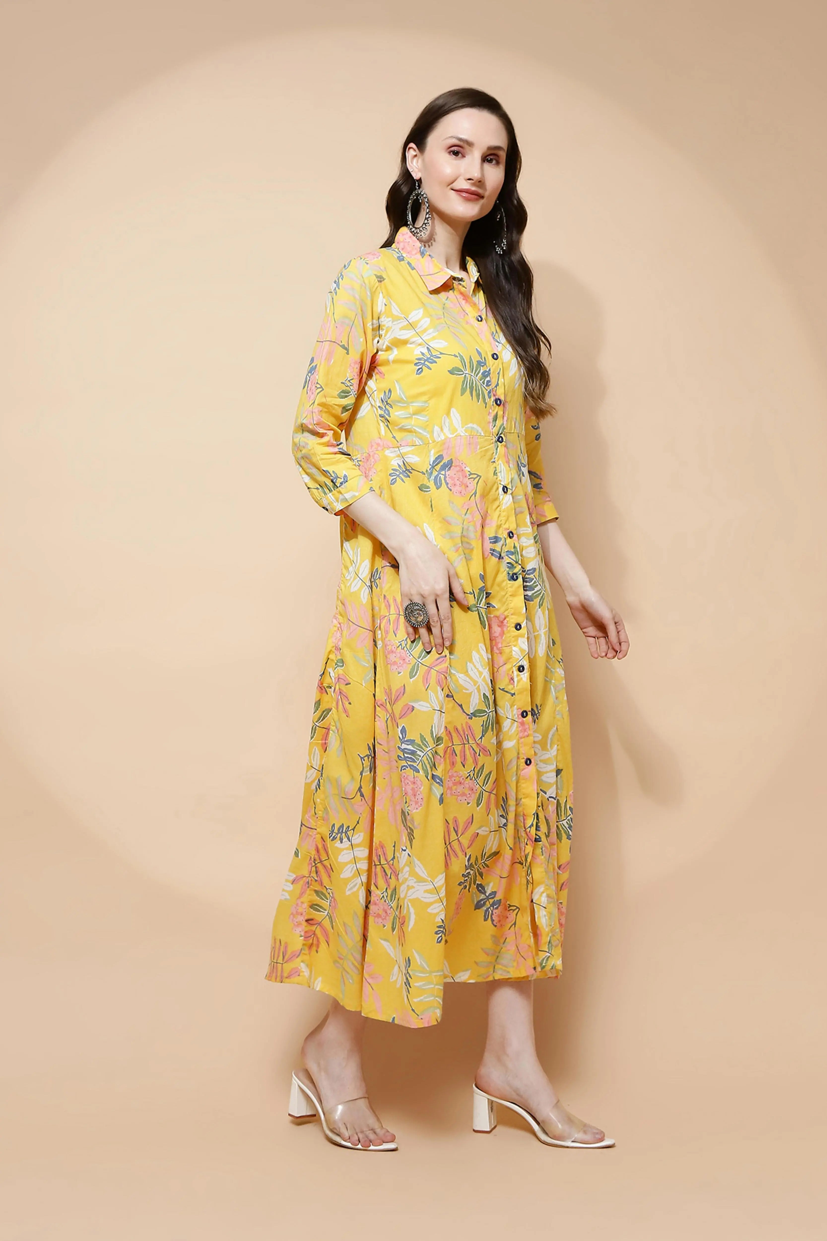 Yellow Cotton Blend Regular Fit Dress For Women - Global Republic