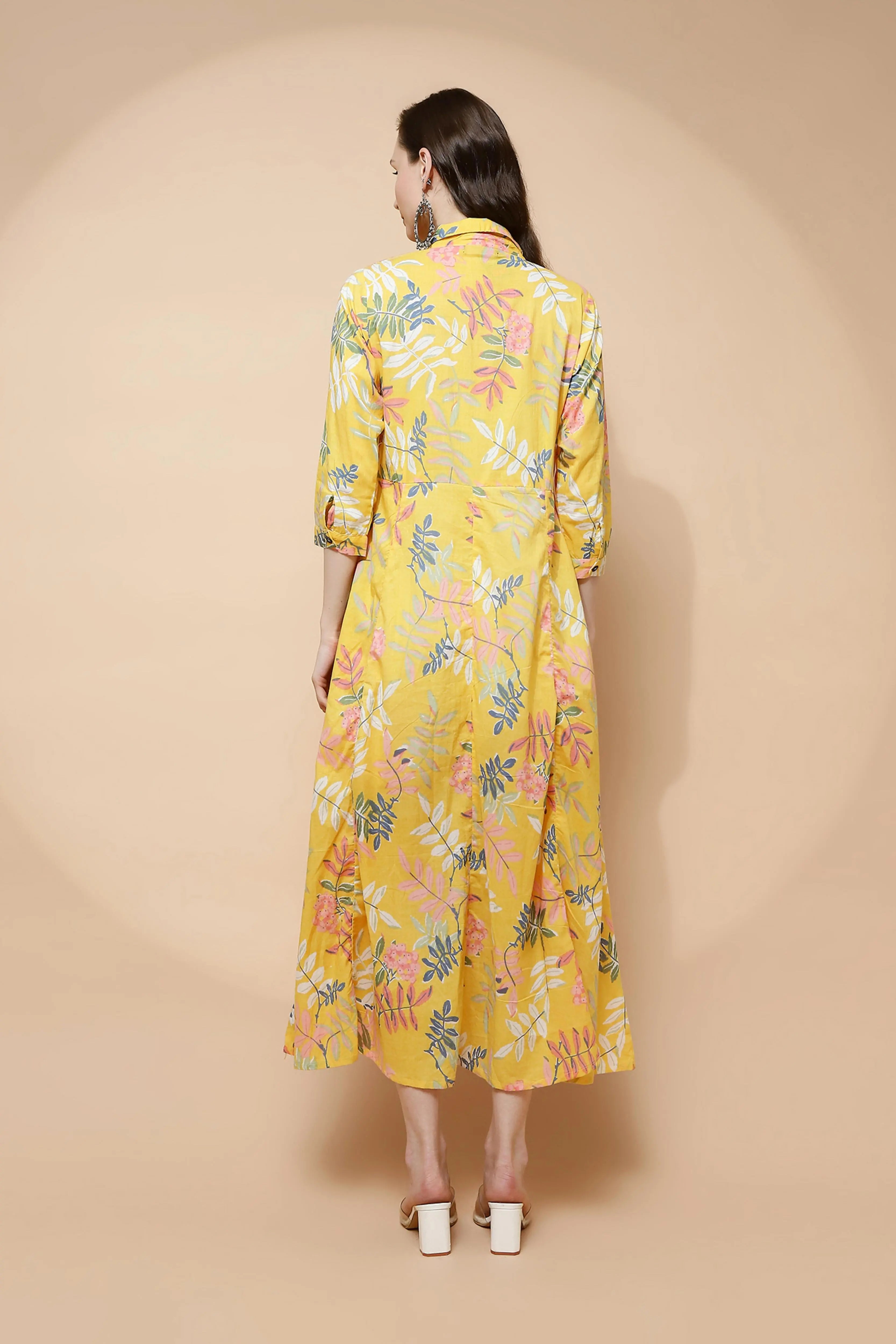 Yellow Cotton Blend Regular Fit Dress For Women - Global Republic