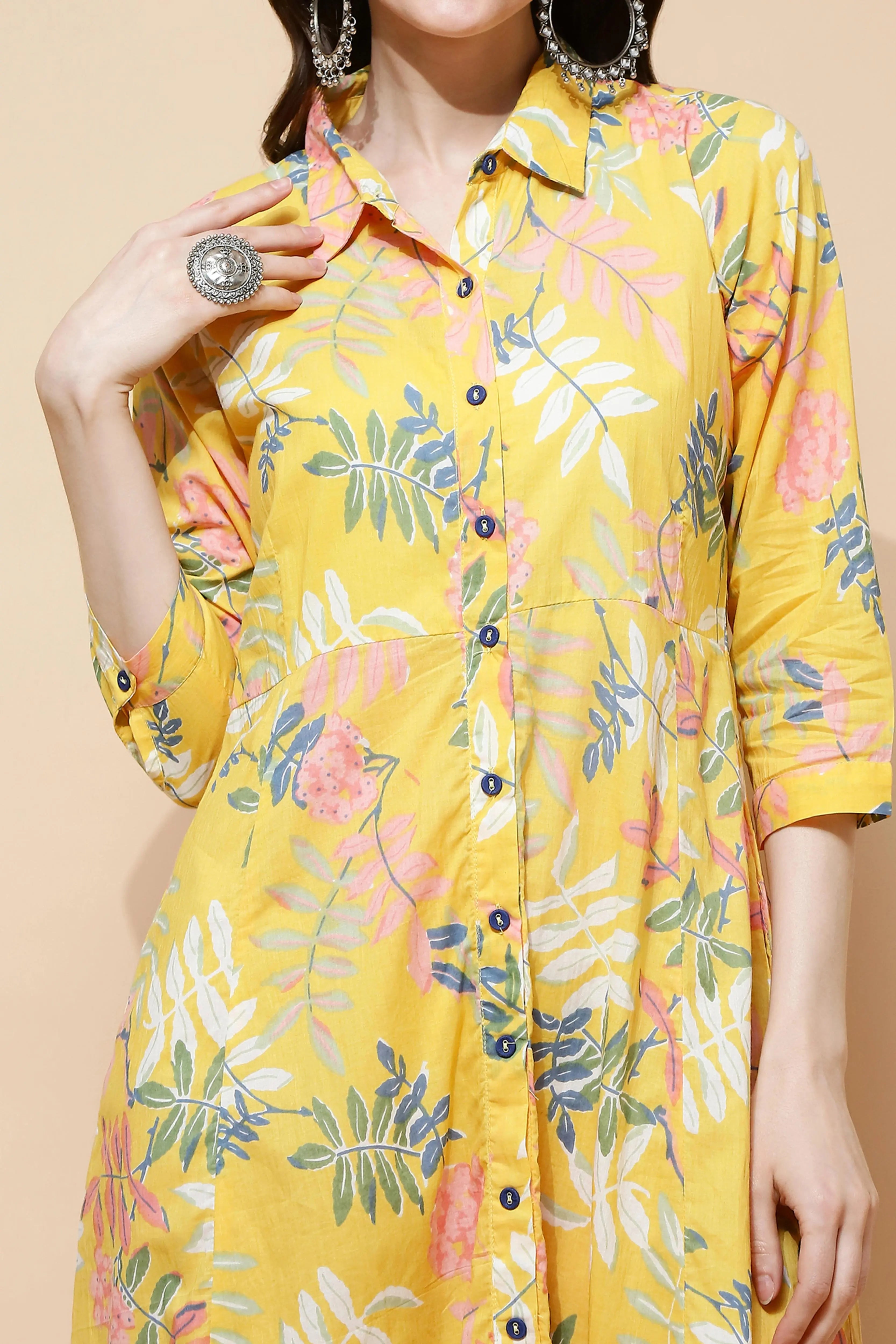 Yellow Cotton Blend Regular Fit Dress For Women - Global Republic