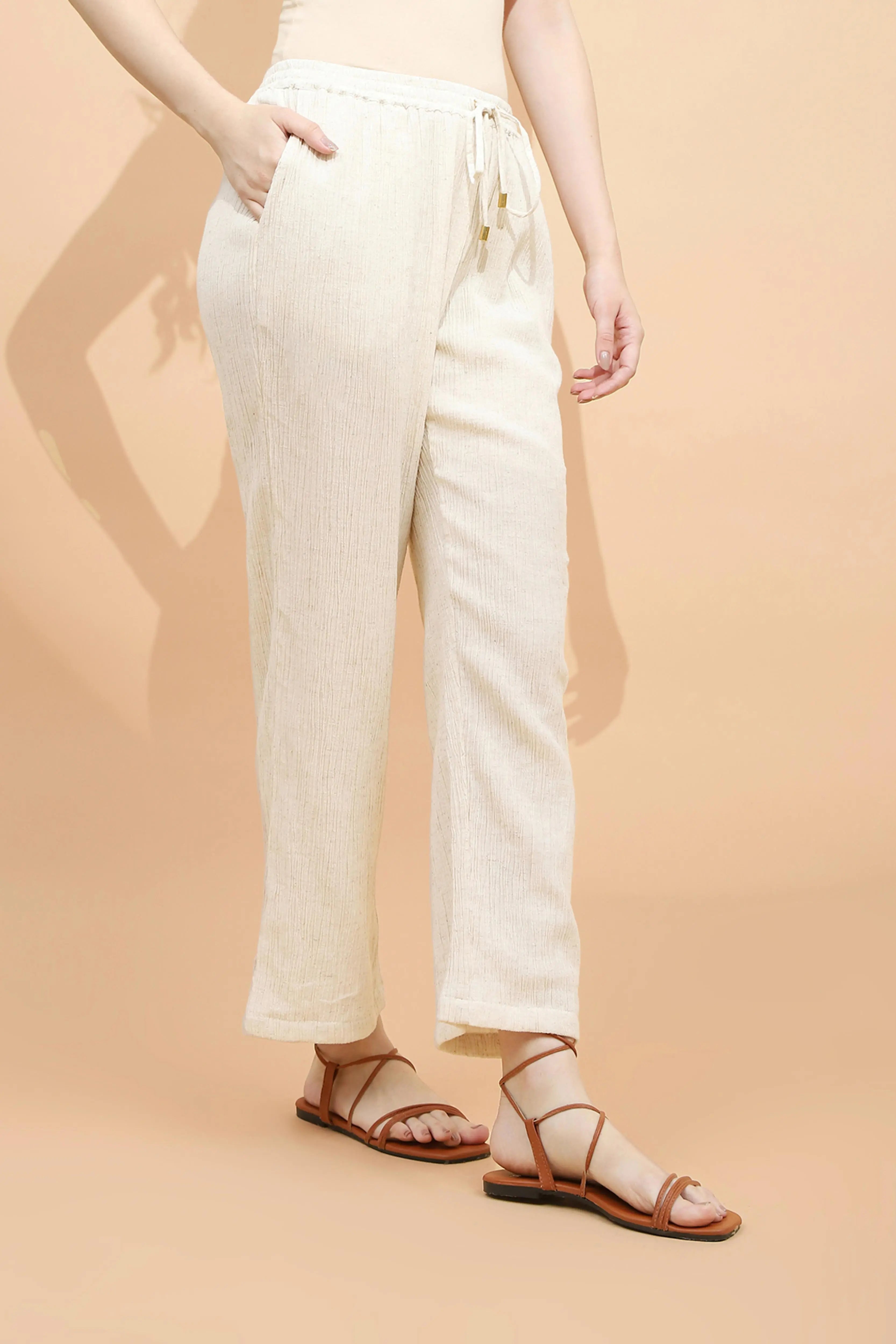 Natural Beige Linen Relaxed Fit Lower For Women - Global Republic