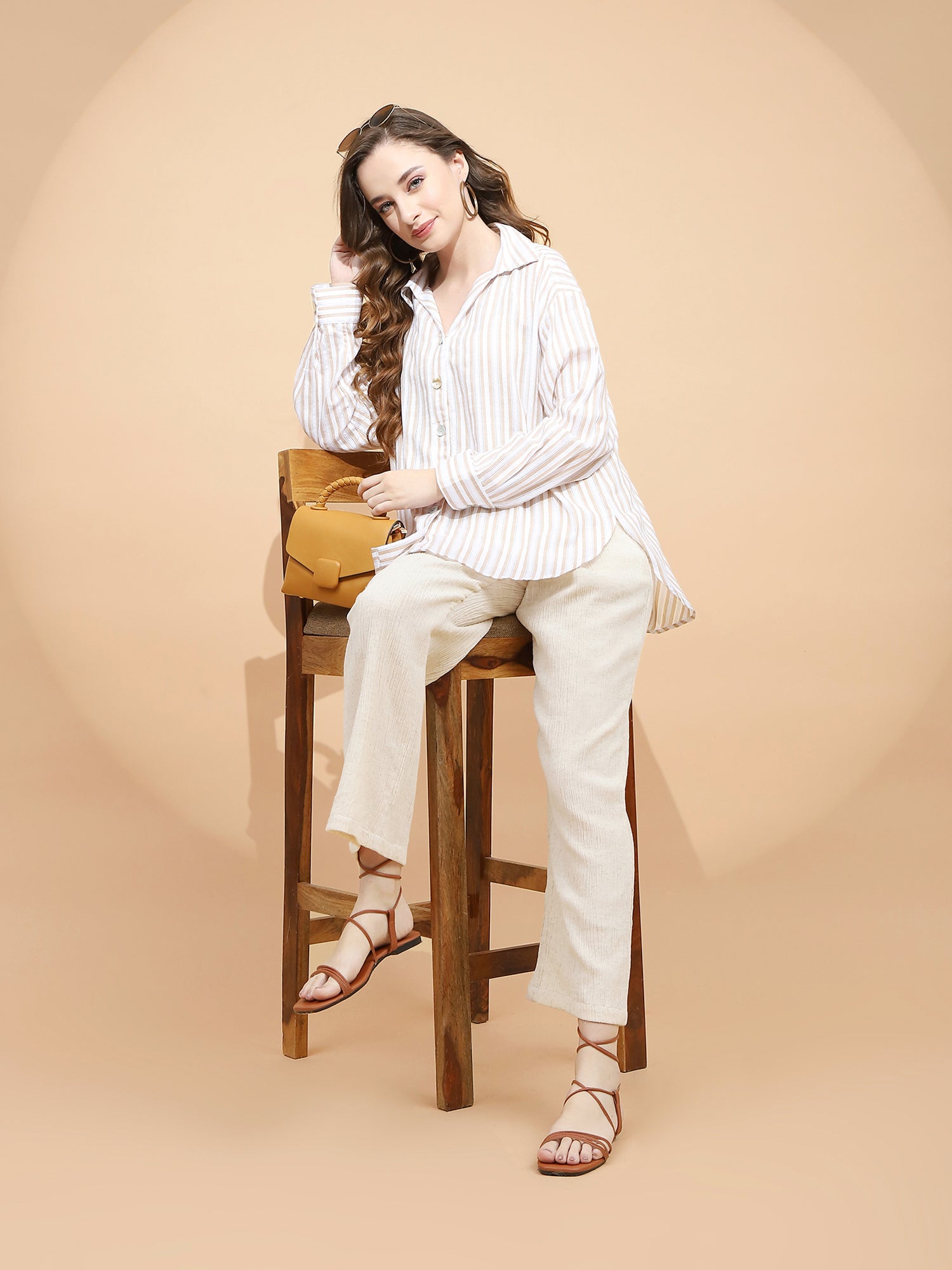 Natural Beige Linen Relaxed Fit Lower For Women - Global Republic