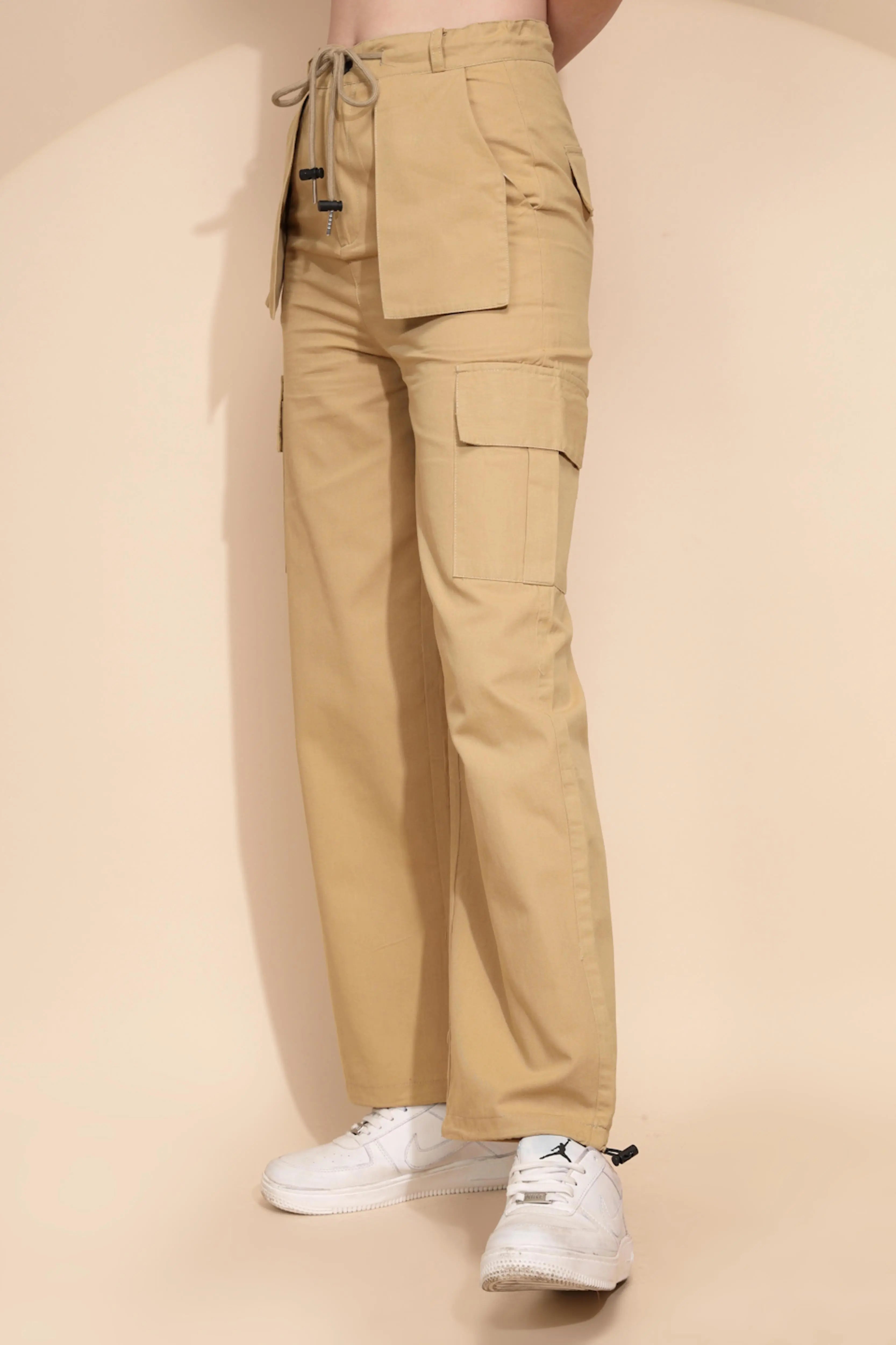 Khaki Cotton Relaxed Fit Cargo For Women - Global Republic