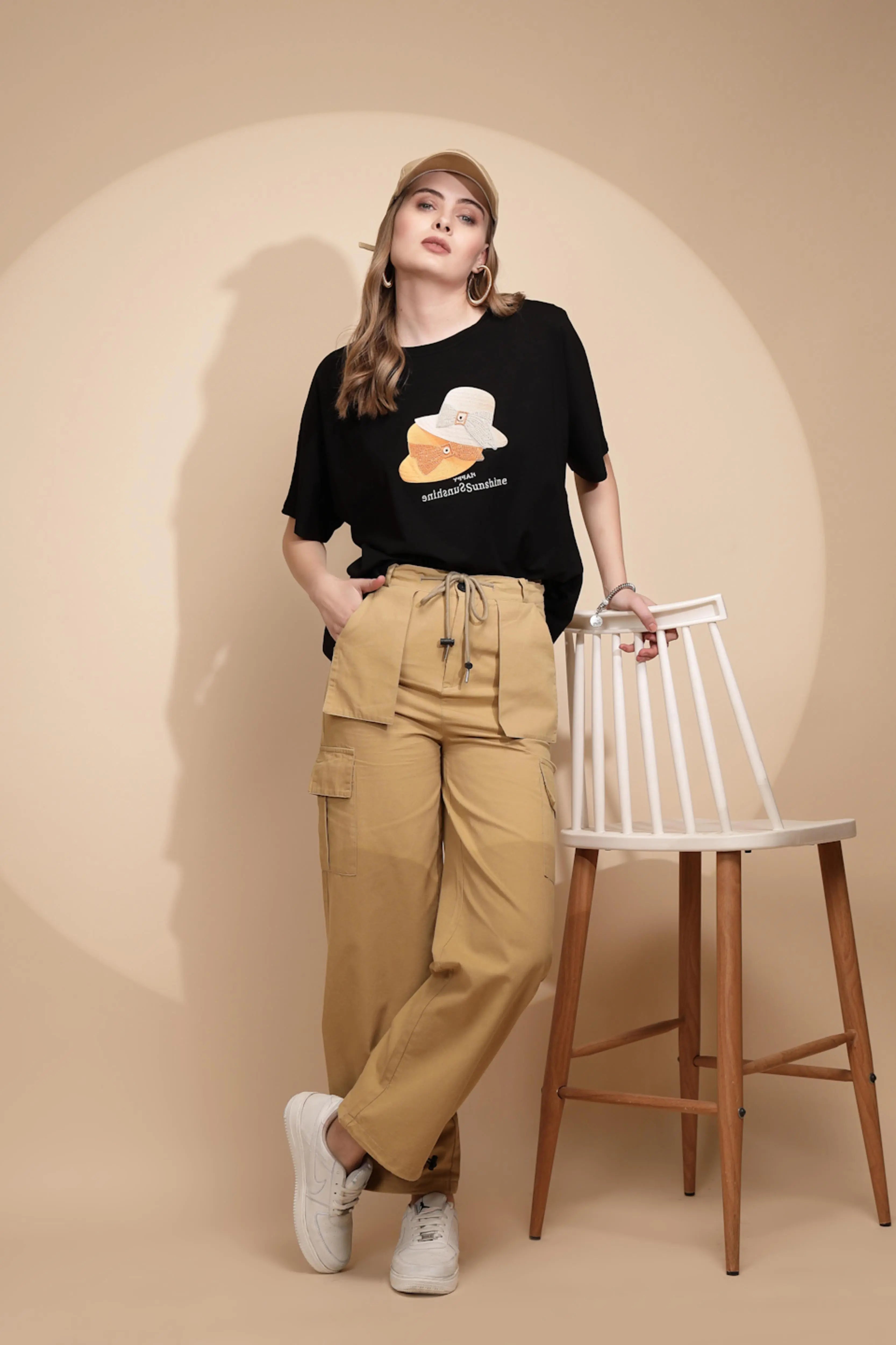 Khaki Cotton Relaxed Fit Cargo For Women - Global Republic