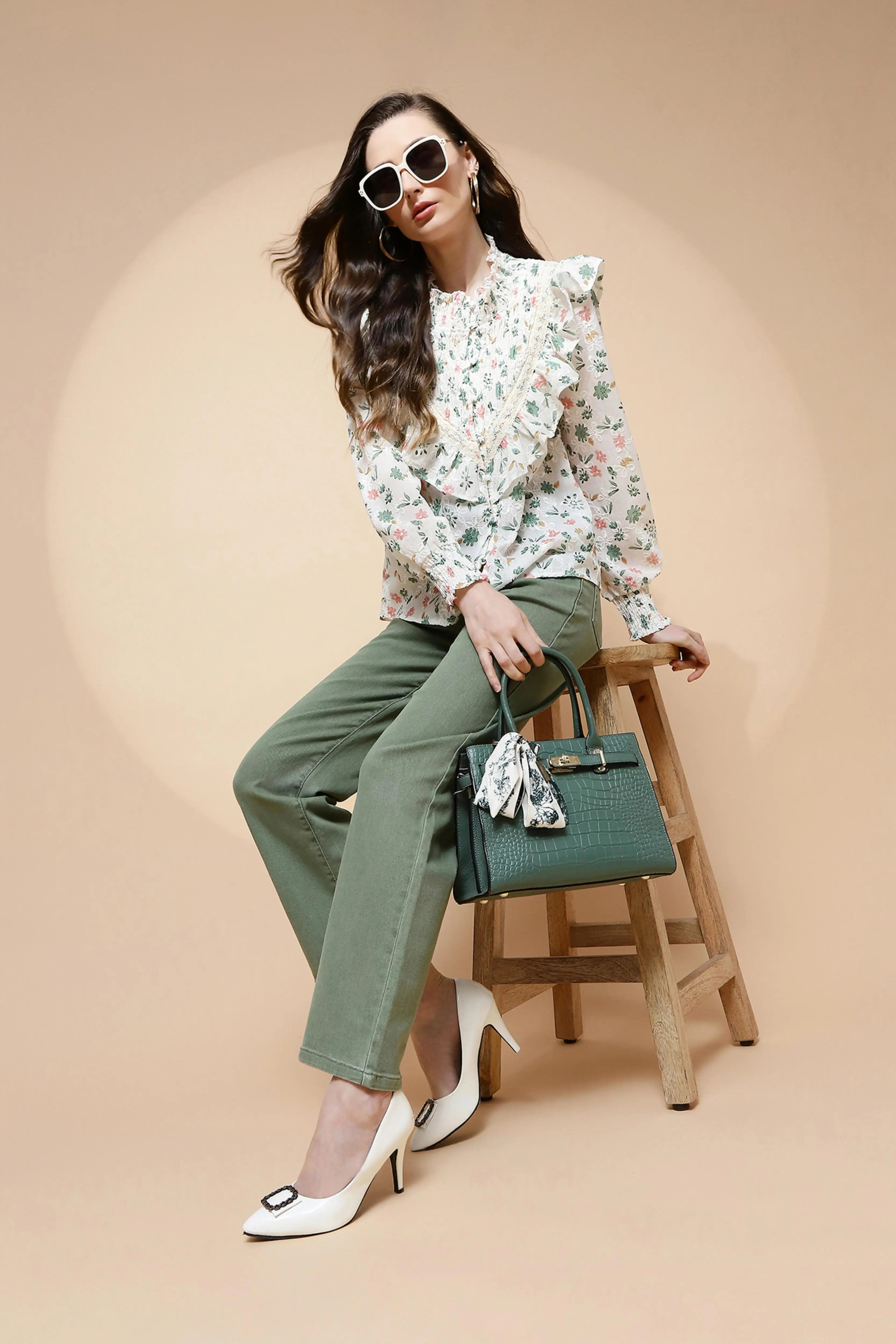 Green cotton Regular Fit Blouse - Global Republic
