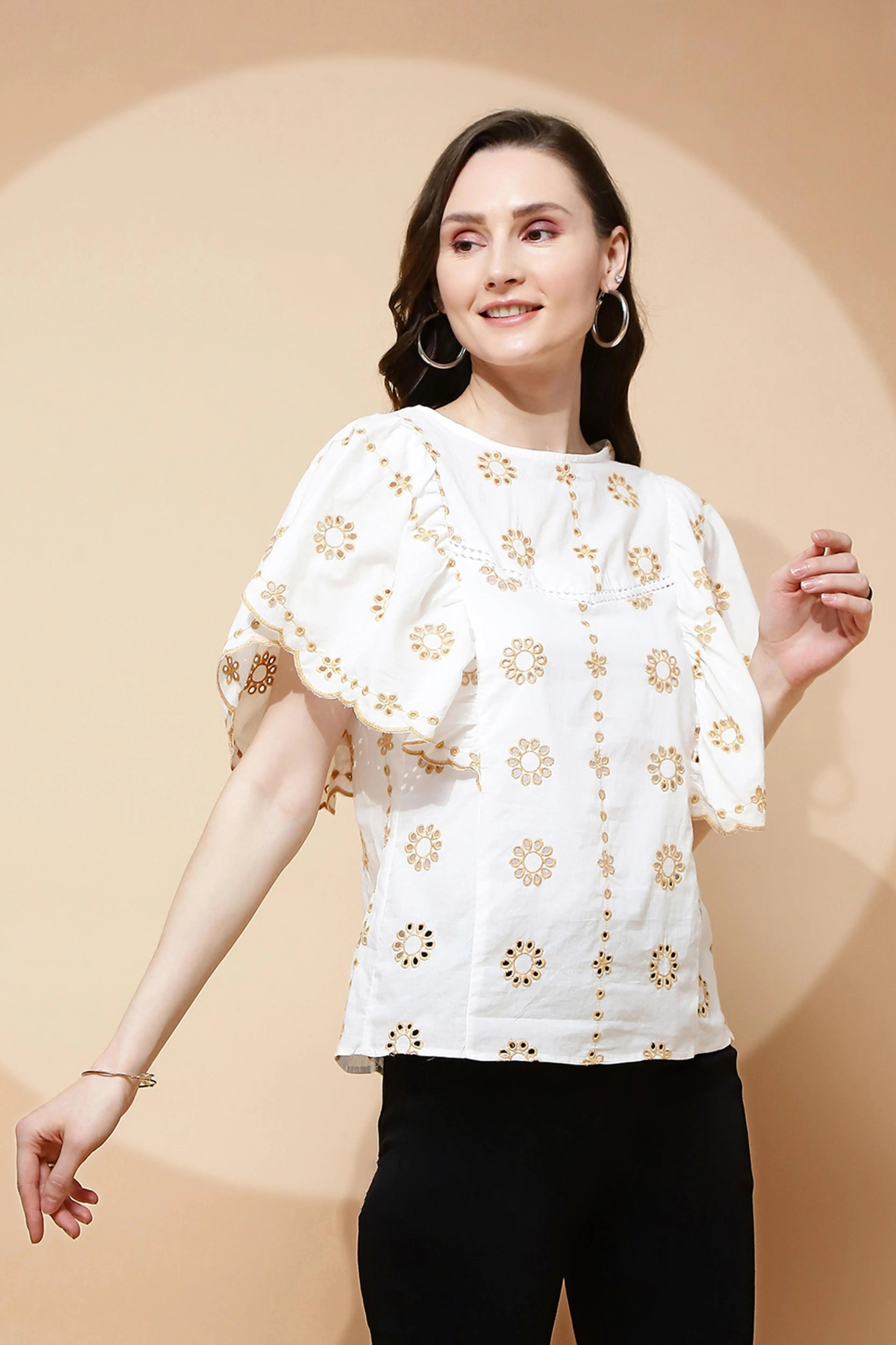 White Cotton Blend Schiffili Top - Global Republic