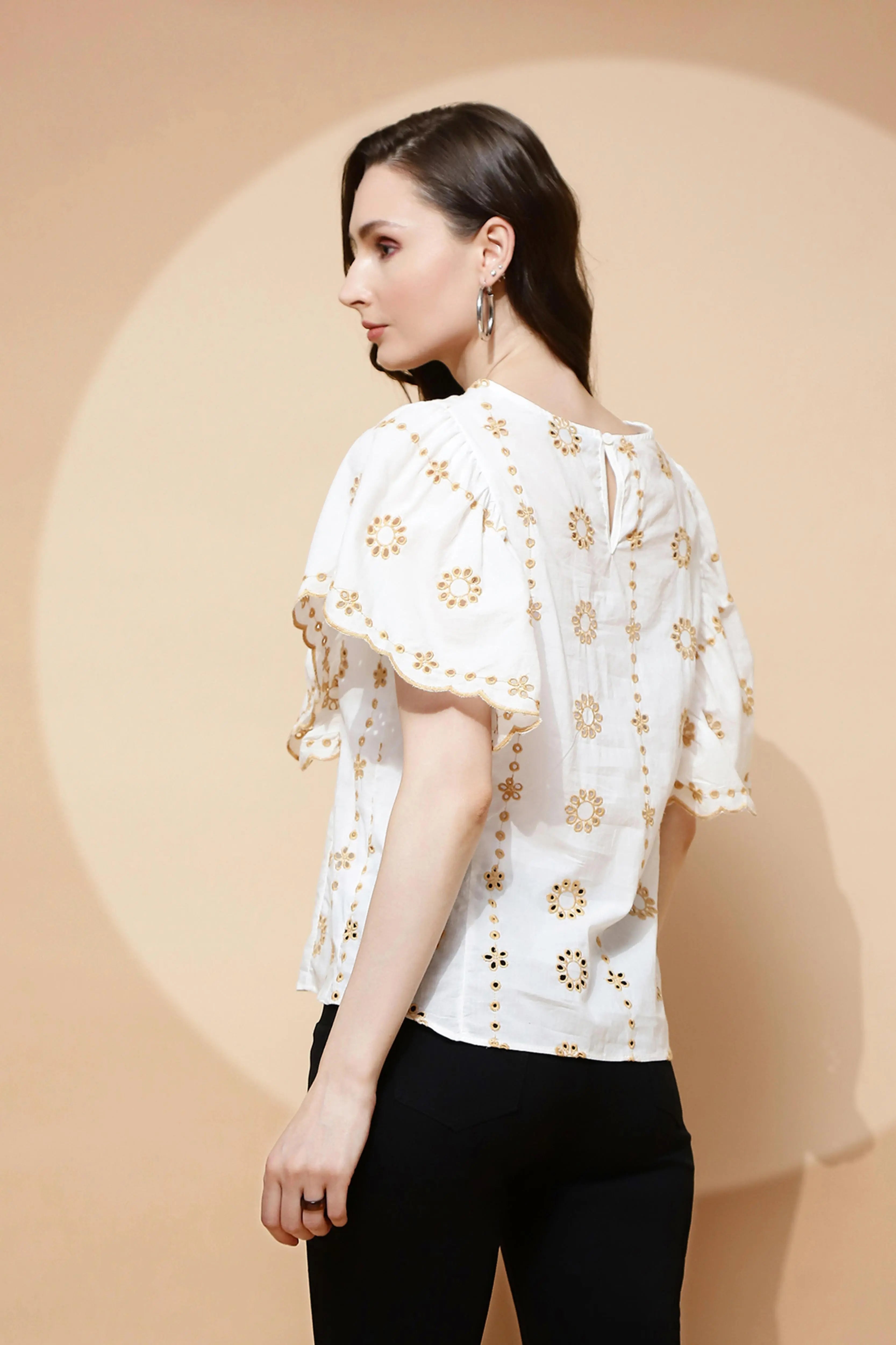 White Cotton Blend Schiffili Top - Global Republic