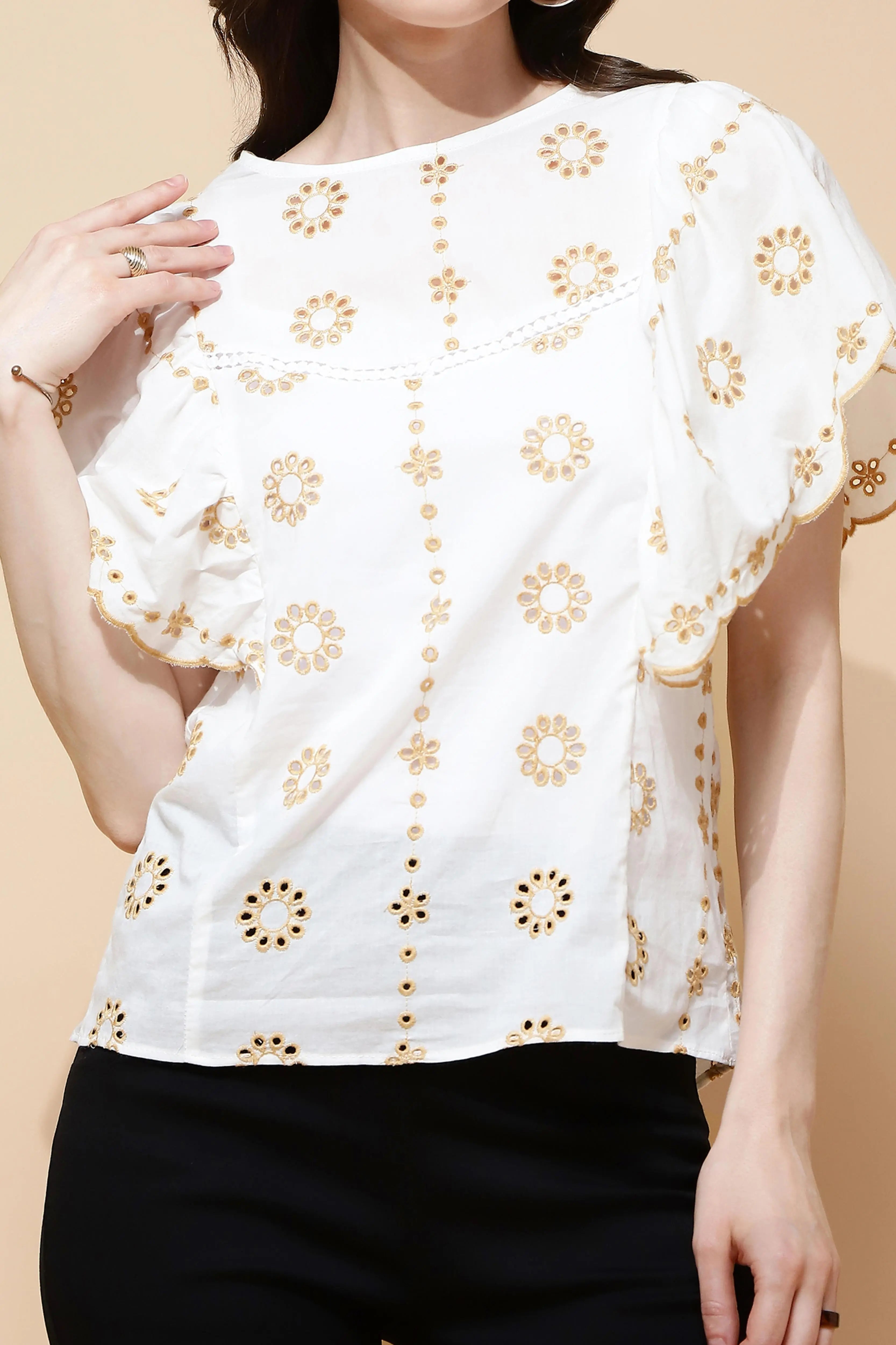 White Cotton Blend Schiffili Top - Global Republic
