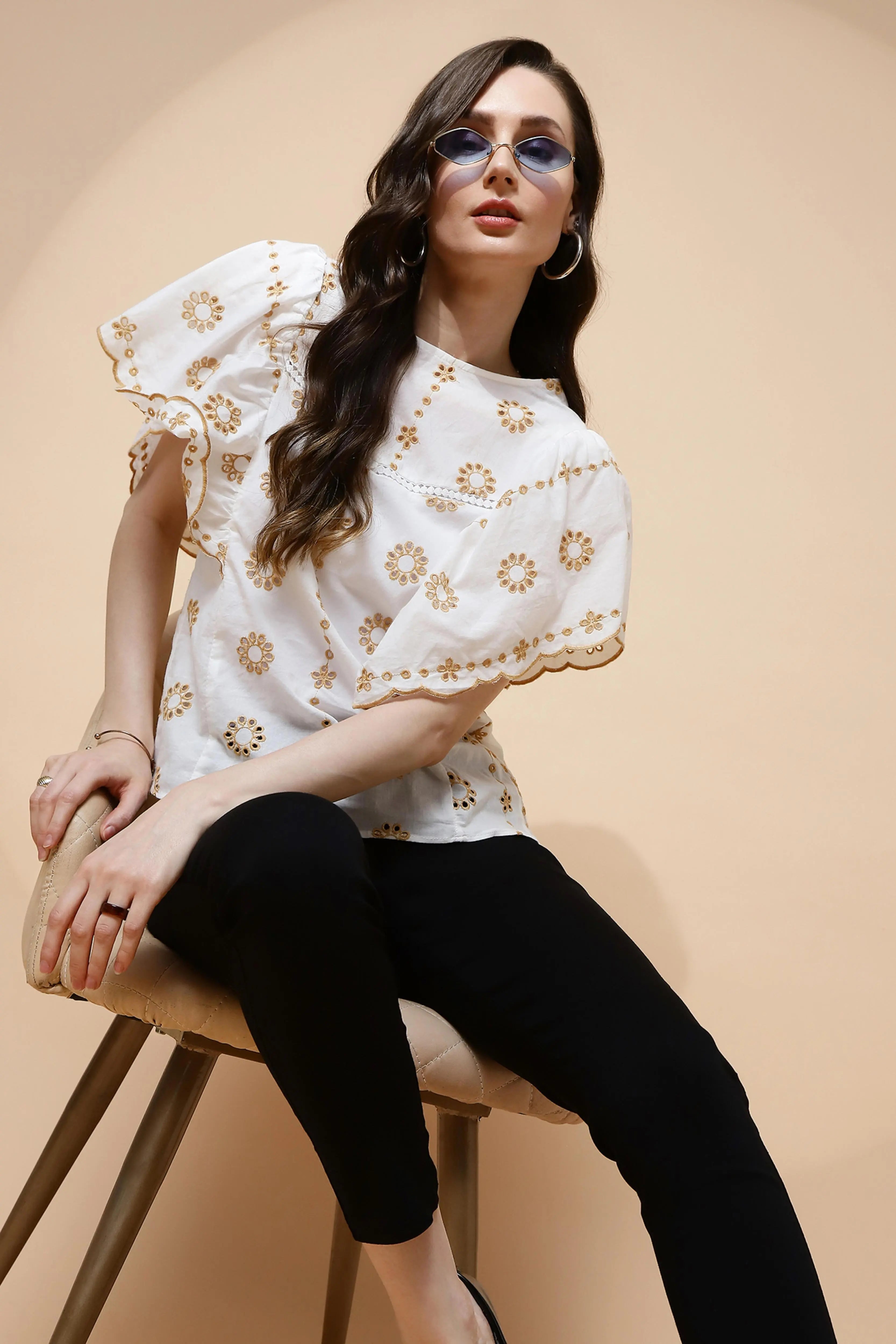 White Cotton Blend Schiffili Top - Global Republic