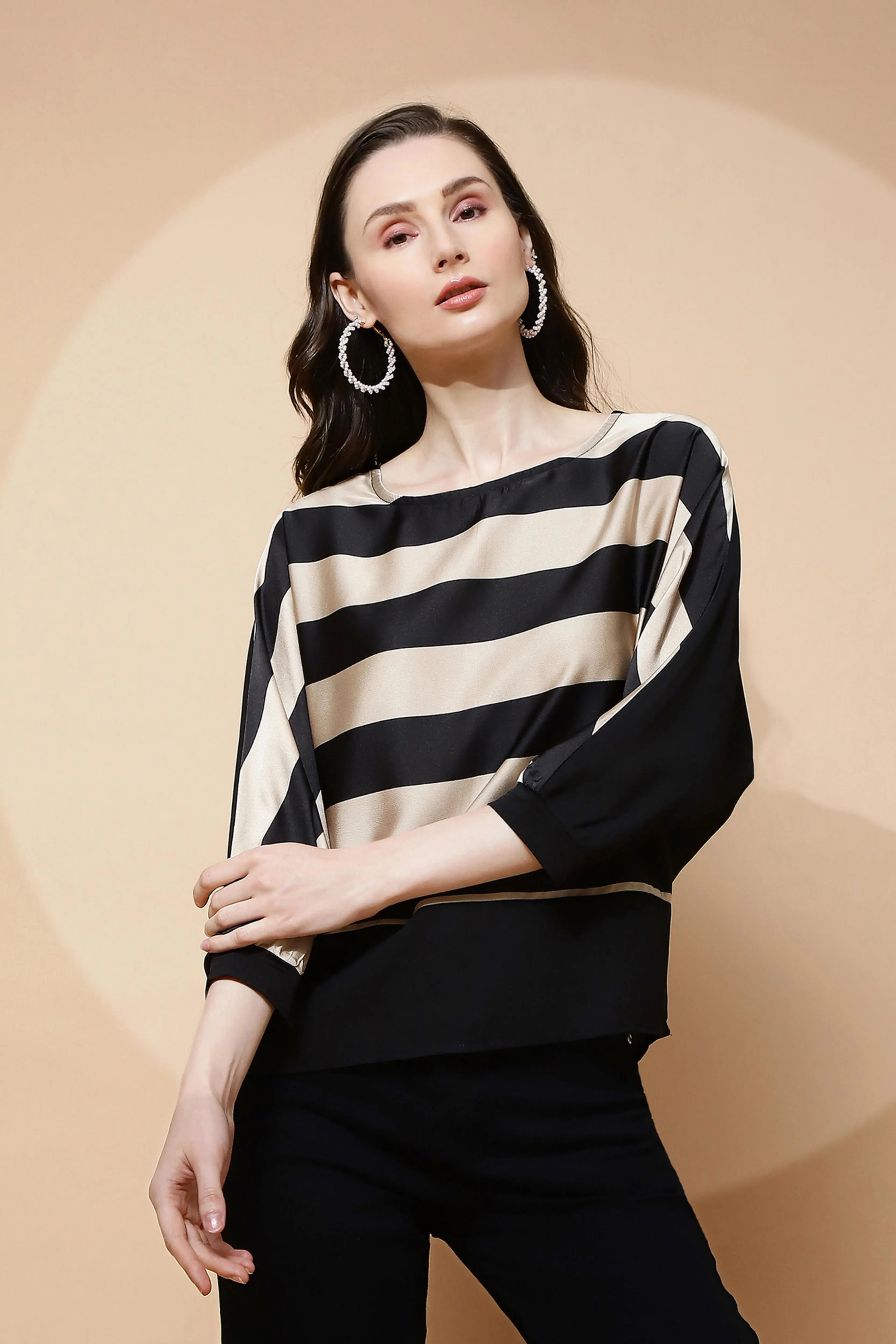 Beige and Black Regular Fit Blouse For Women - Global Republic