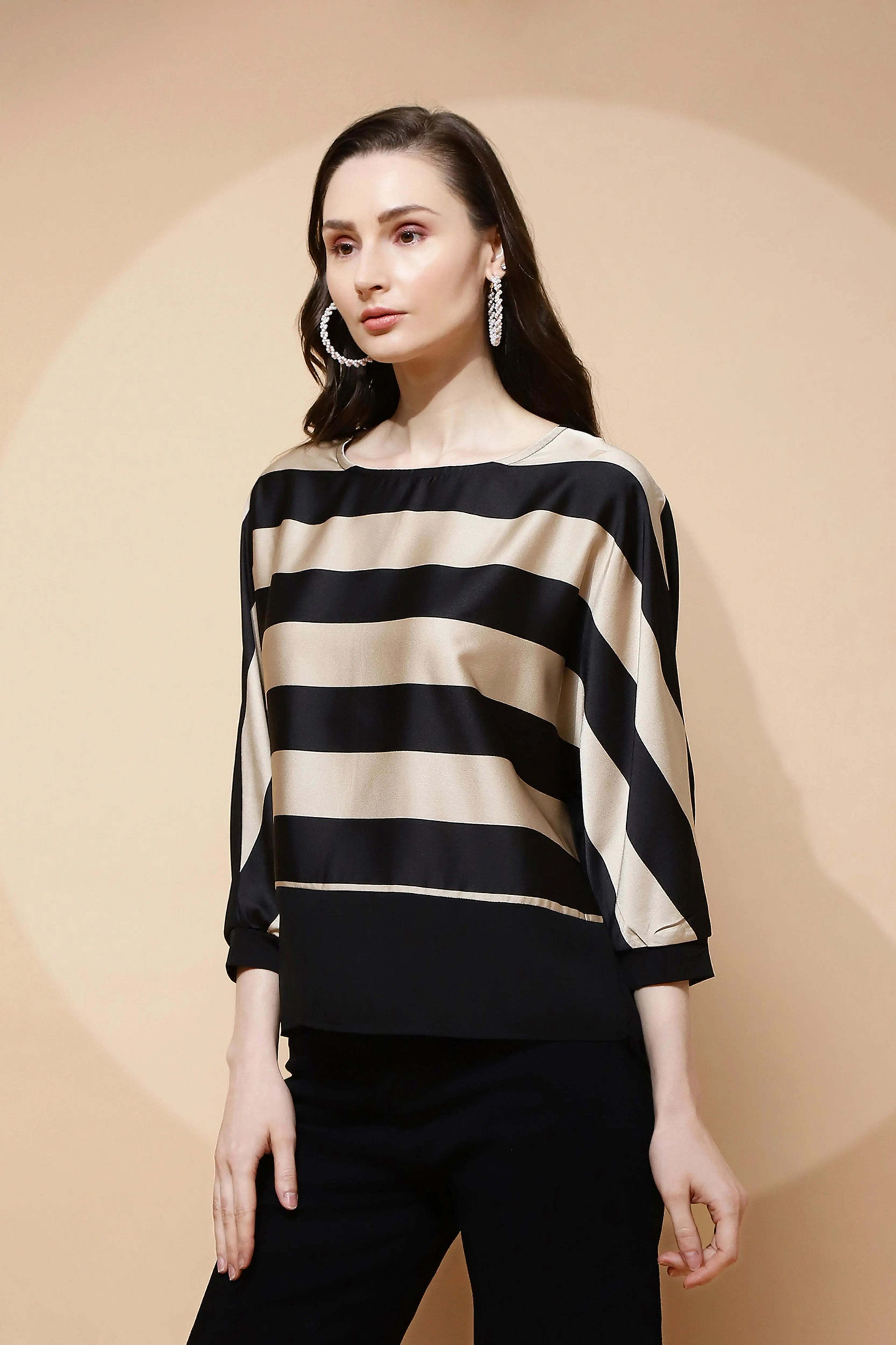 Beige and Black Regular Fit Blouse For Women - Global Republic