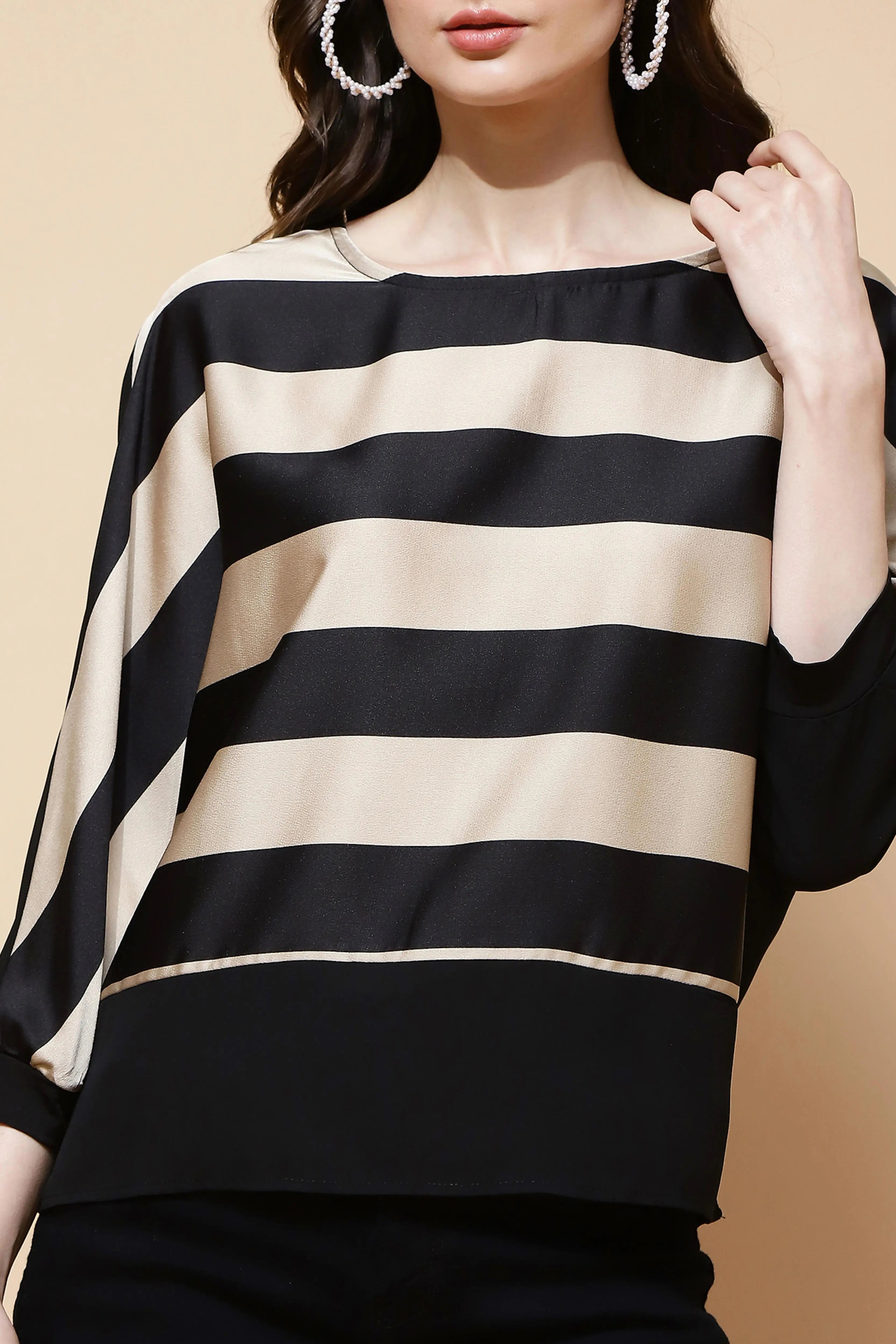 Beige and Black Regular Fit Blouse For - Global Republic