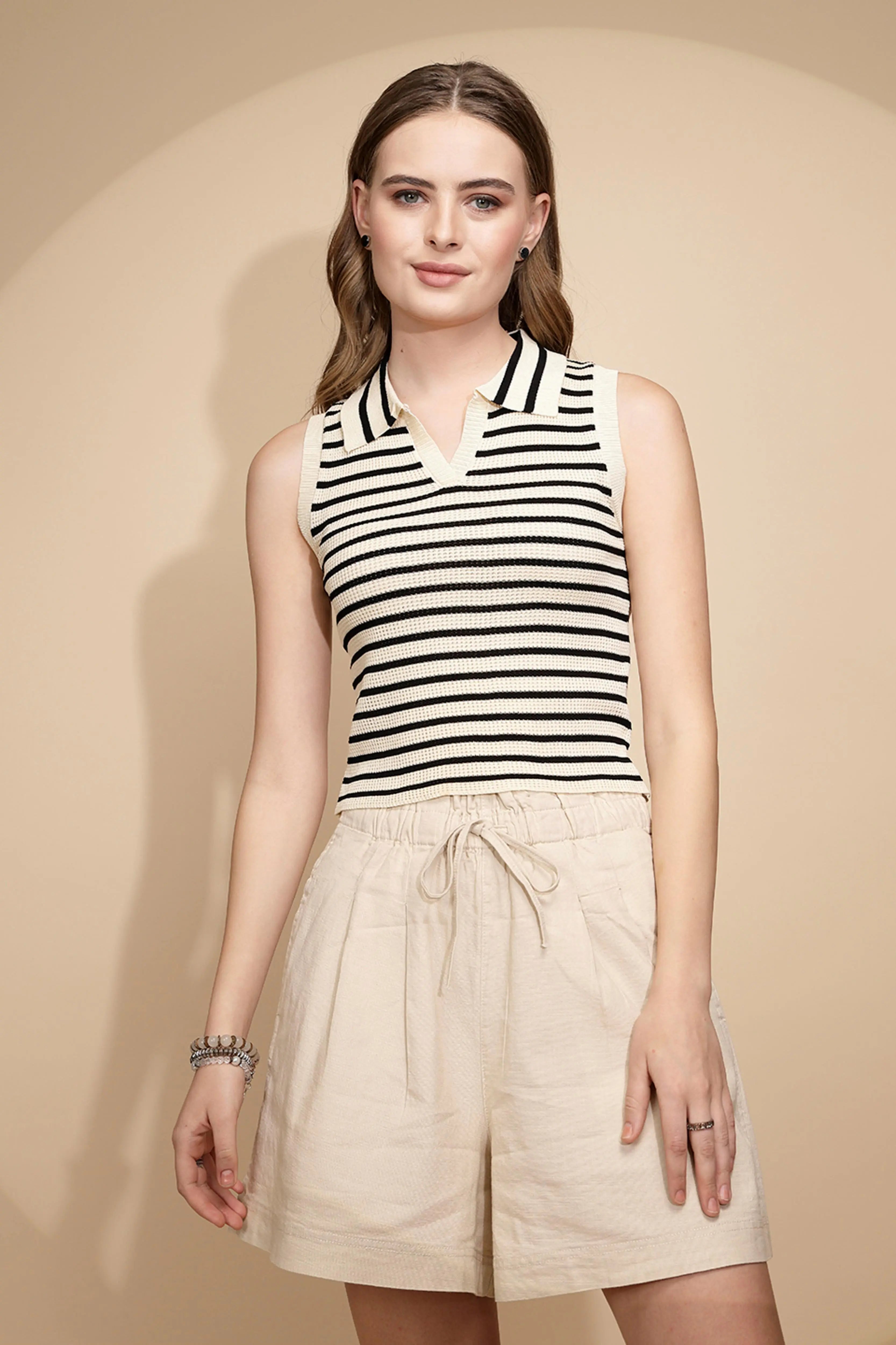 Off White Viscose Slim Fit Crop Top For Women - Global Republic