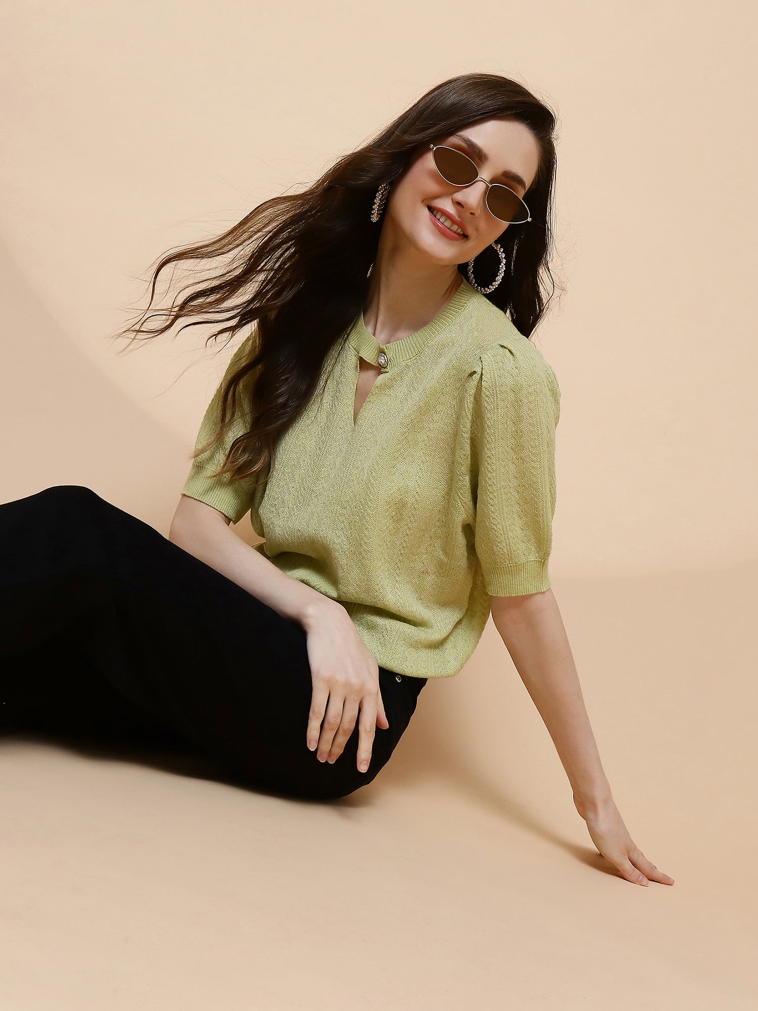 Green Regular Fit Top For Women - Global Republic