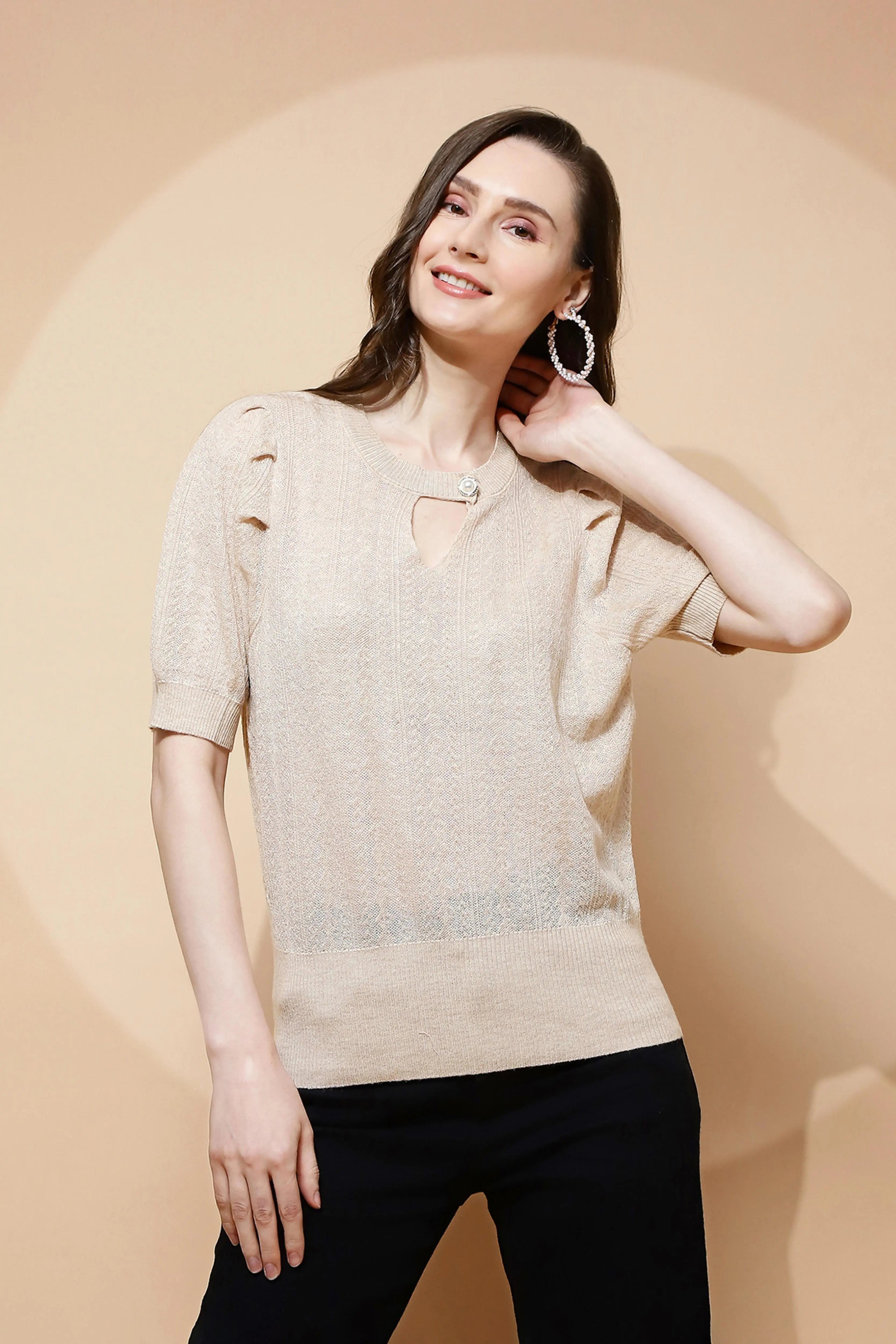 Beige  Textured Loose Top - Global Republic