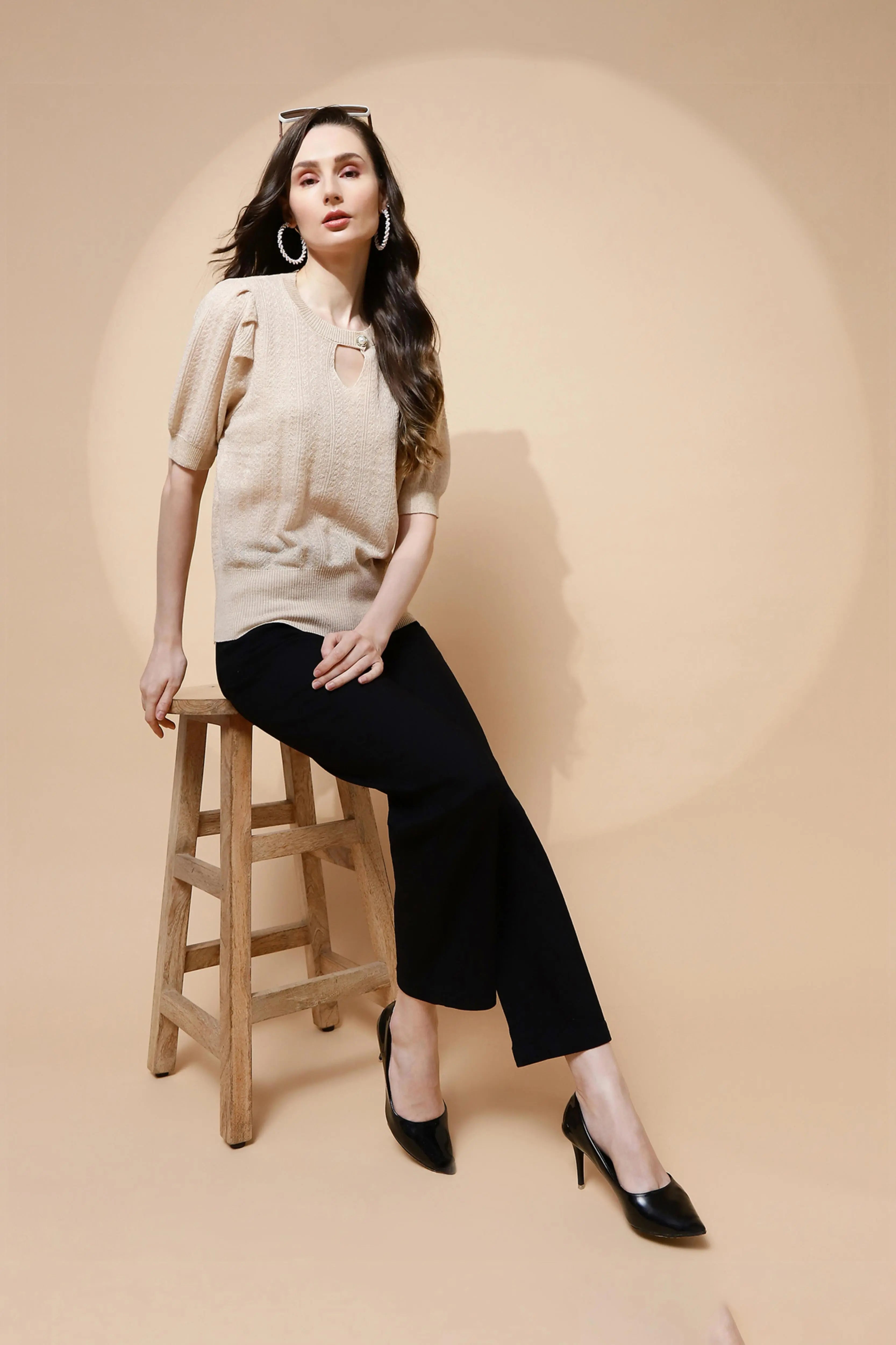 Beige  Textured Loose Top - Global Republic