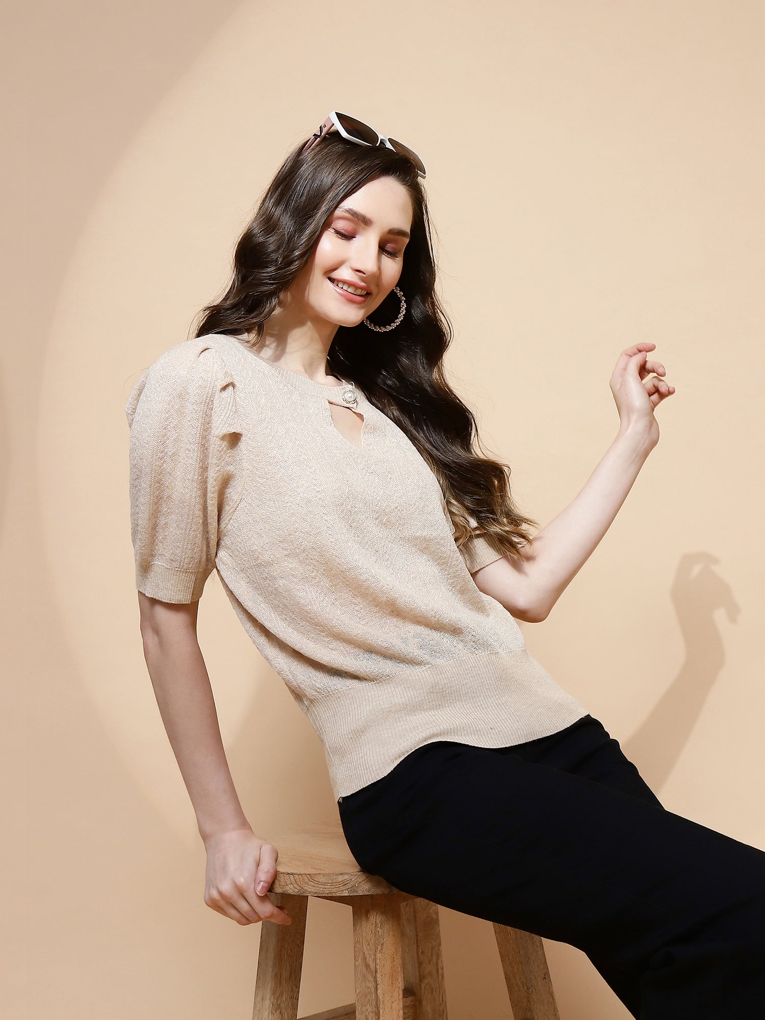 Beige  Textured Loose Top - Global Republic