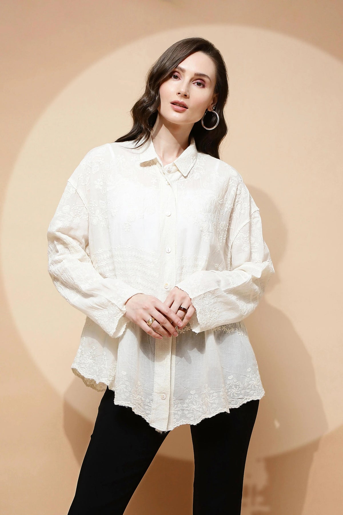 White Cotton Embroidered Loose Shirt - Global Republic