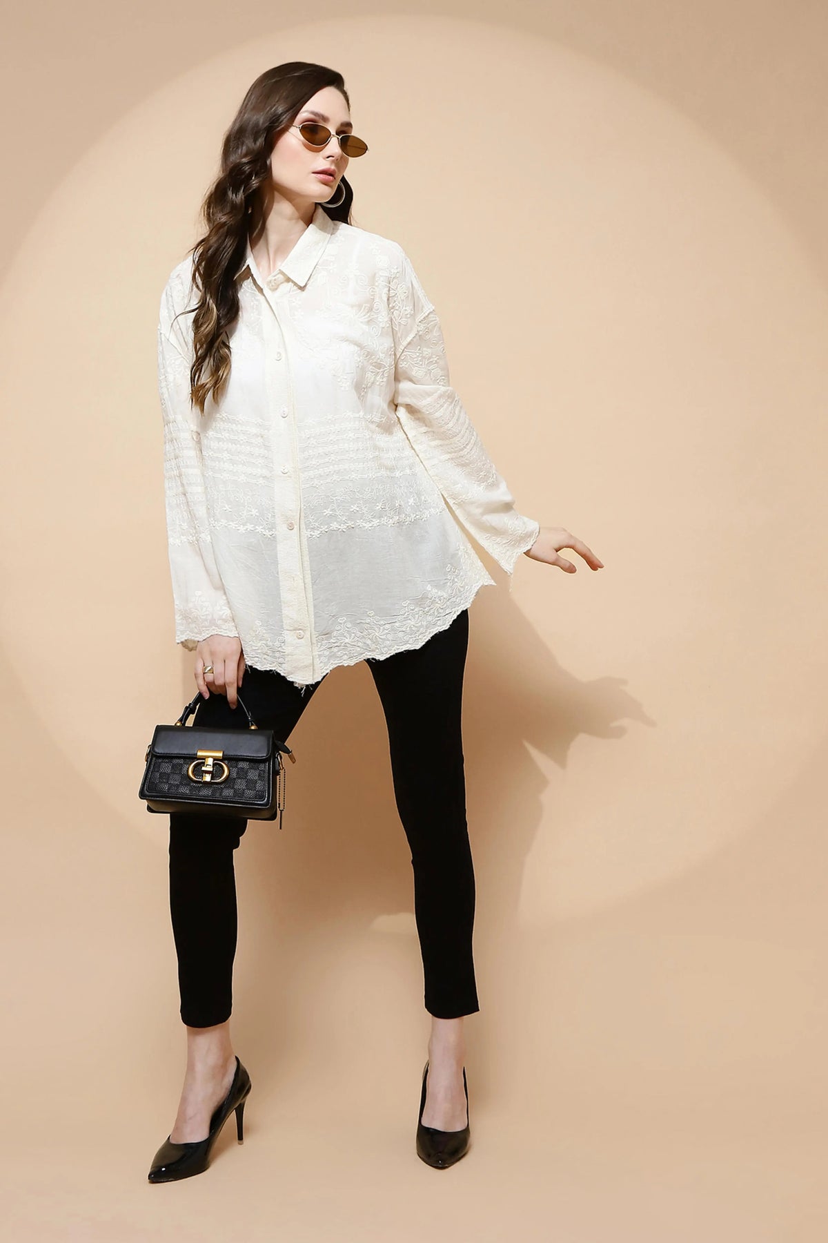 White Cotton Embroidered Loose Shirt - Global Republic