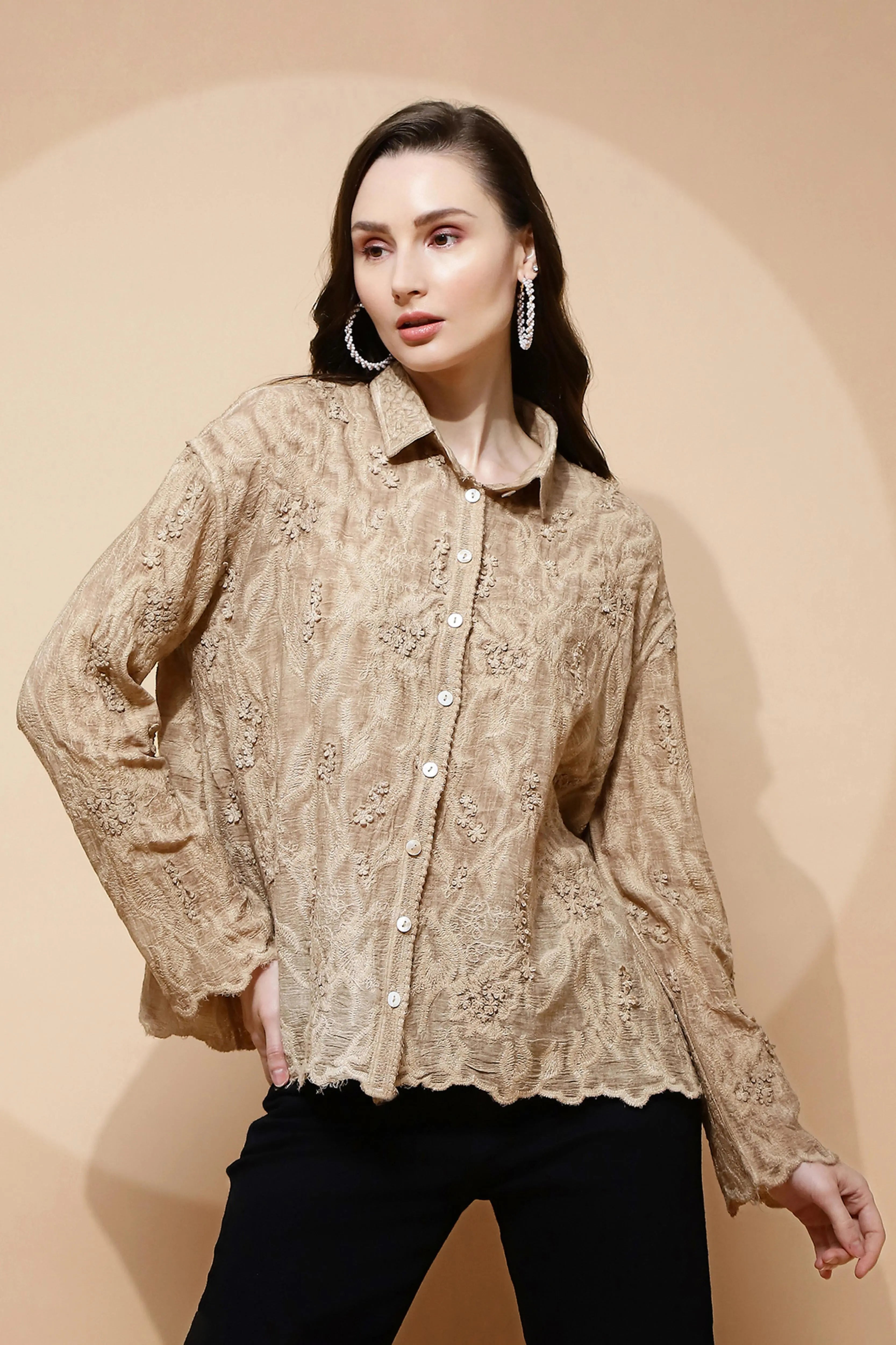 Beige Cotton Regular Fit Shirt For Women - Global Republic