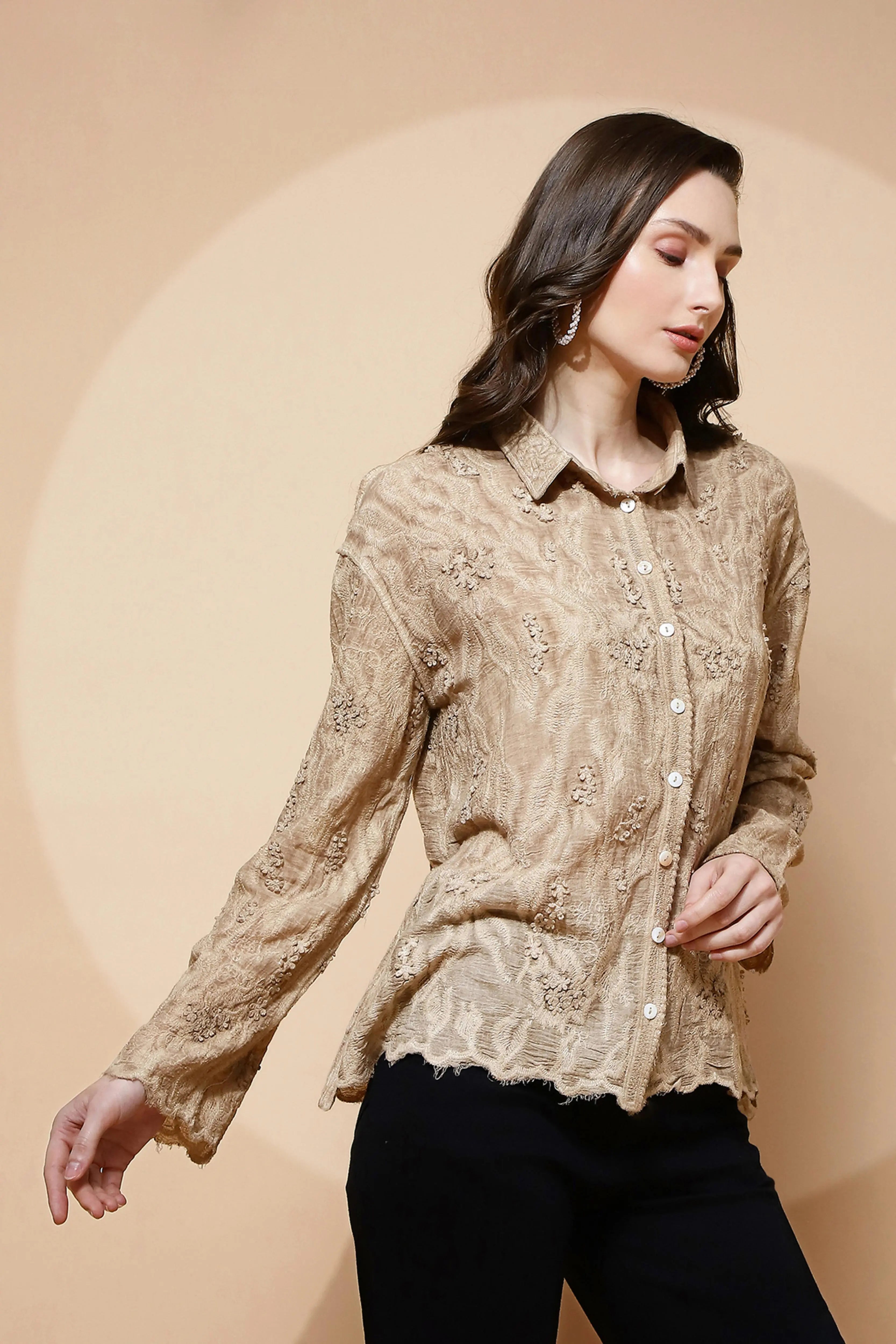 Beige Cotton Regular Fit Shirt - Global Republic