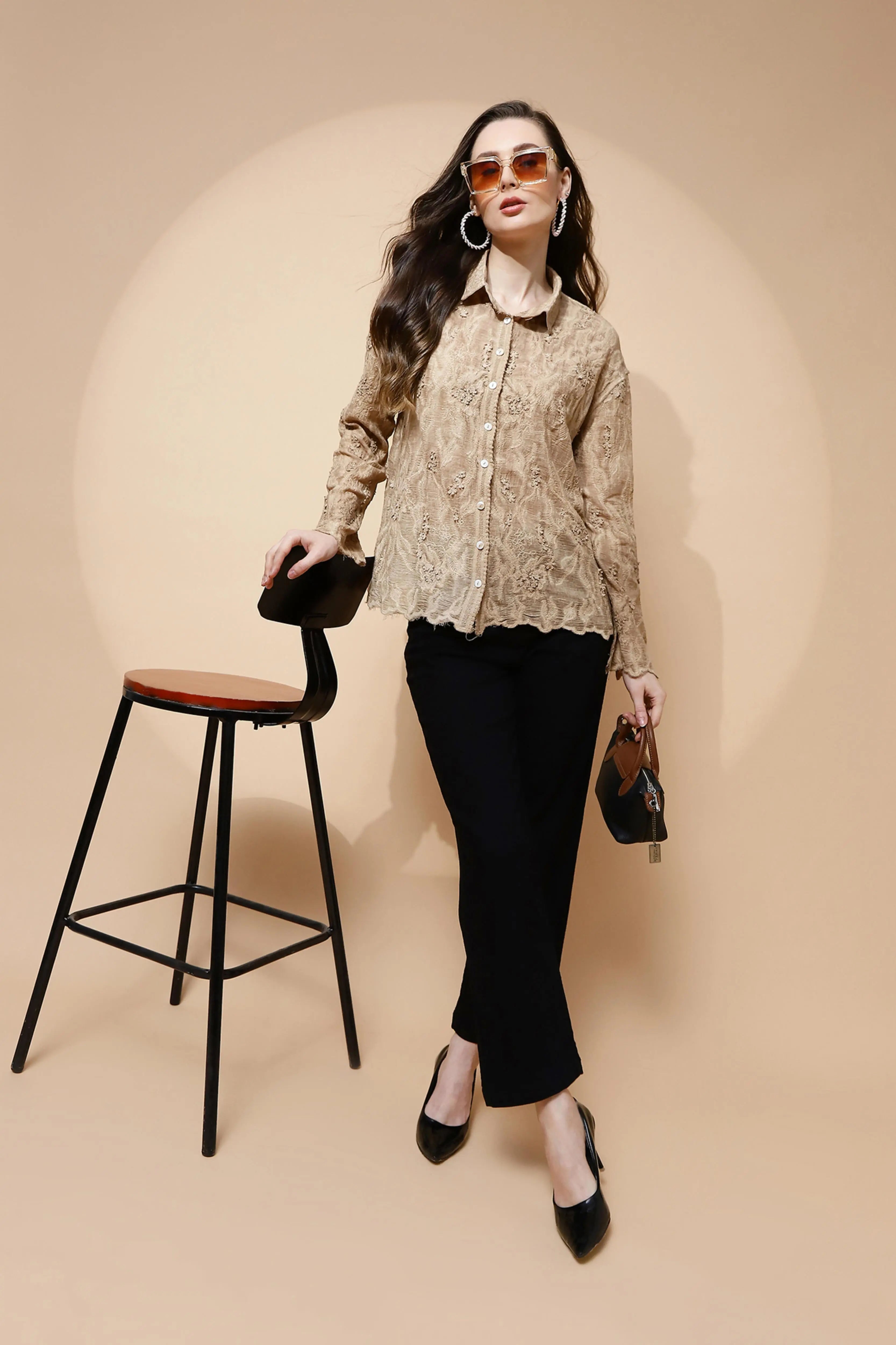 Beige Cotton Regular Fit Shirt - Global Republic