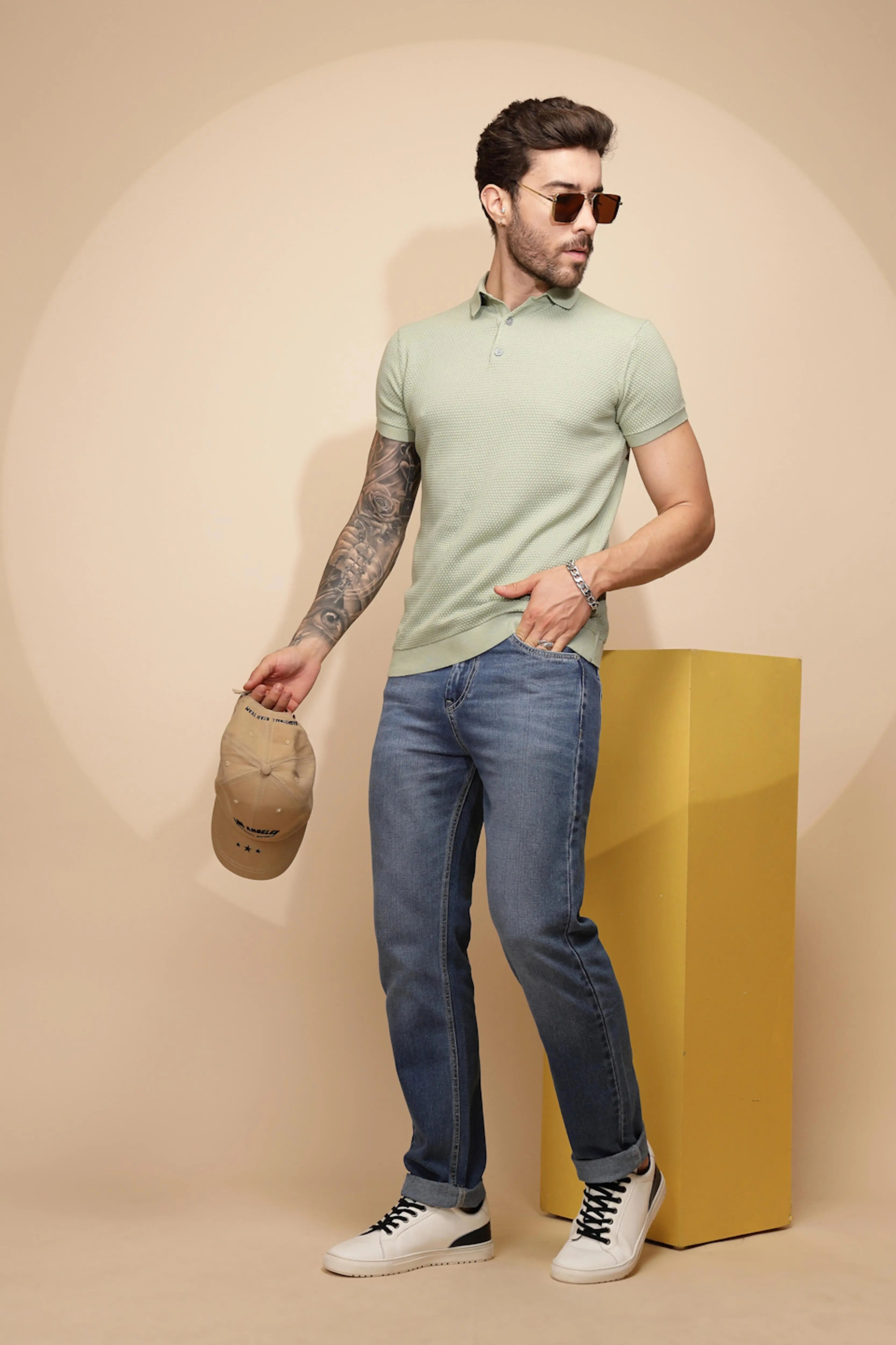 Sage Green Cotton Regular Fit T-Shirt For - Global Republic